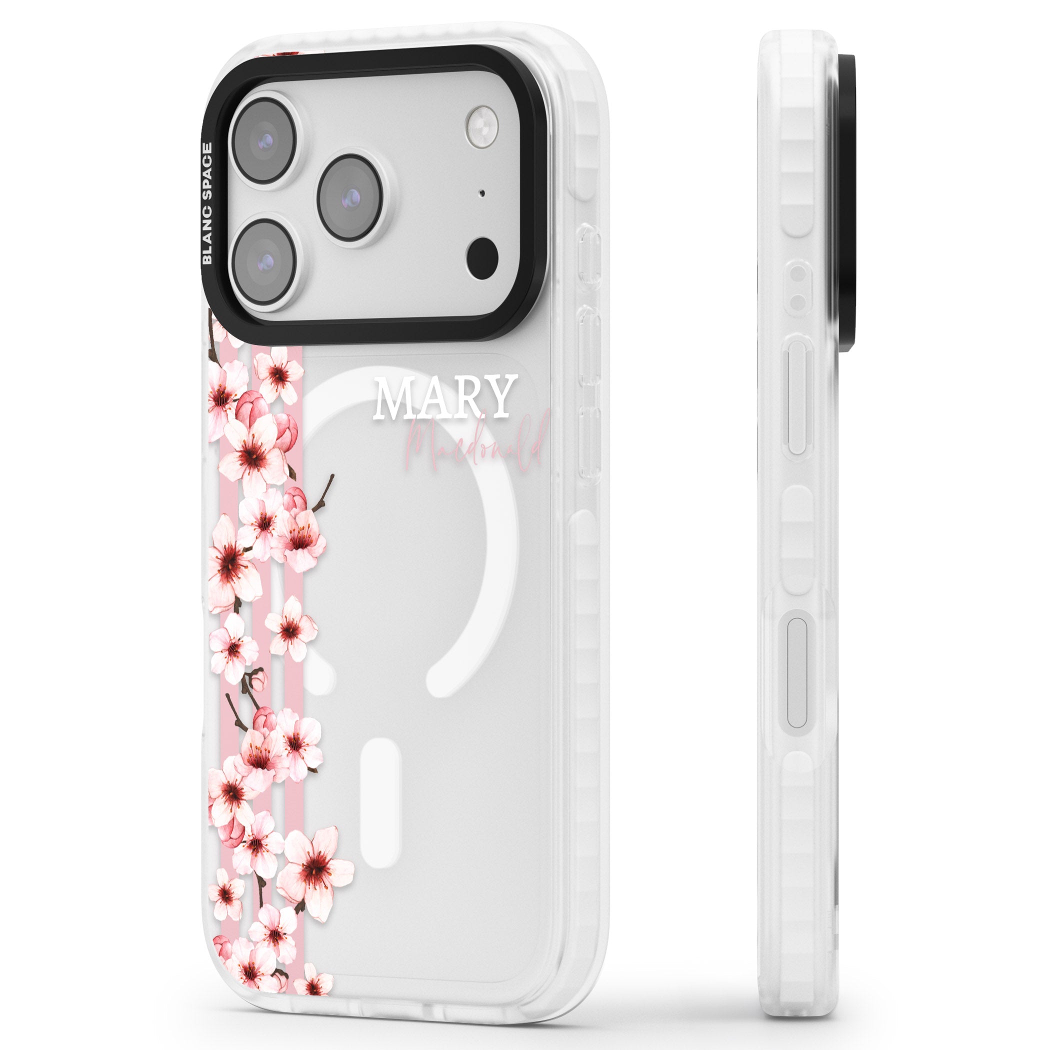 Personalised Cherry Blossom Stripes iPhone 17 Pro Max Impact Pro Clear Phone Case Side Profile