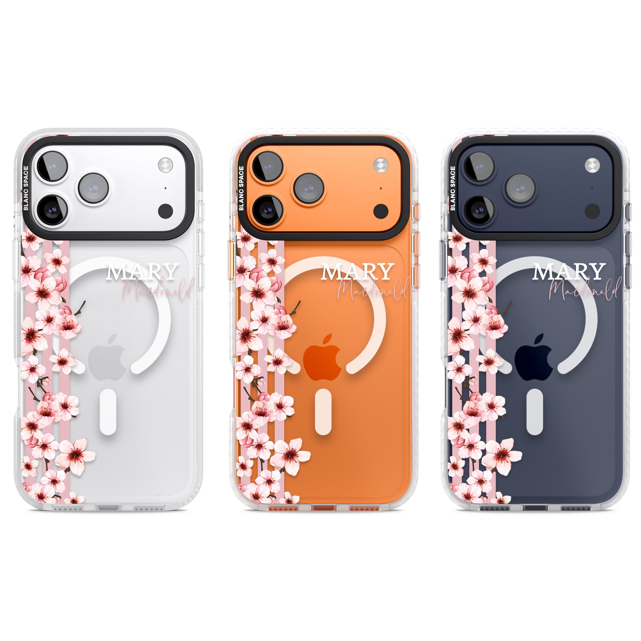 Personalised Cherry Blossom Stripes iPhone 17 Pro Impact Pro Clear Phone Case APT Impact Protection