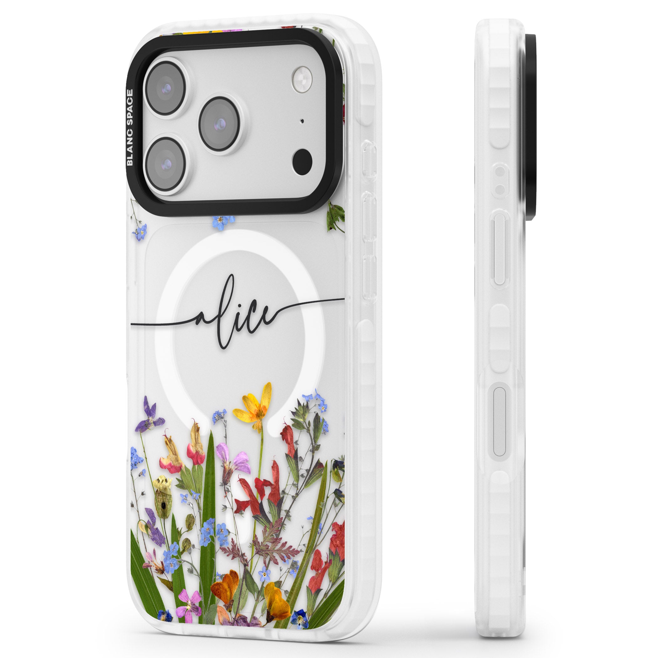 Personalised Wildflower Floral iPhone 17 Pro Max Impact Pro Clear Phone Case Side Profile