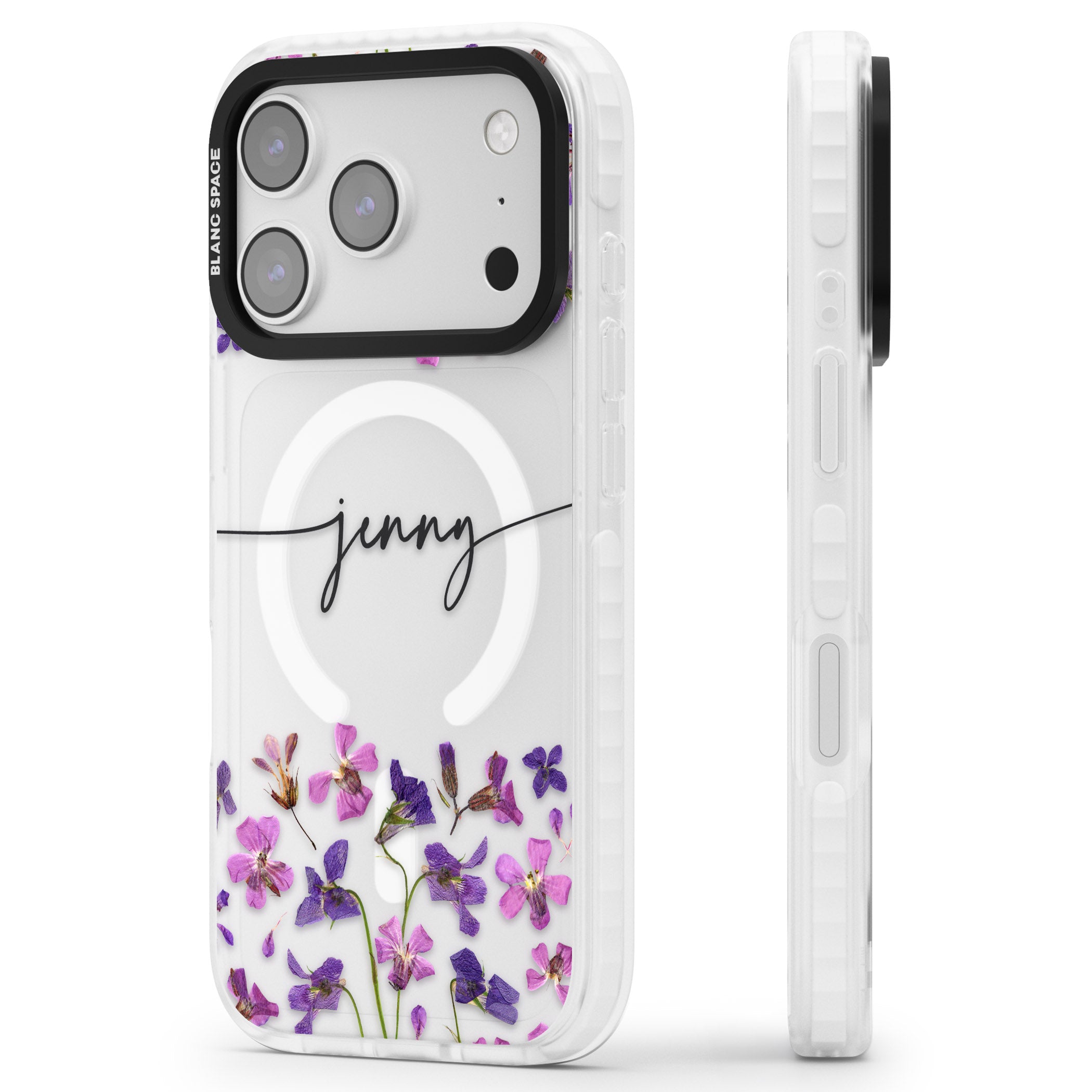 Personalised Purple Violets iPhone 17 Pro Max Impact Pro Clear Phone Case Side Profile