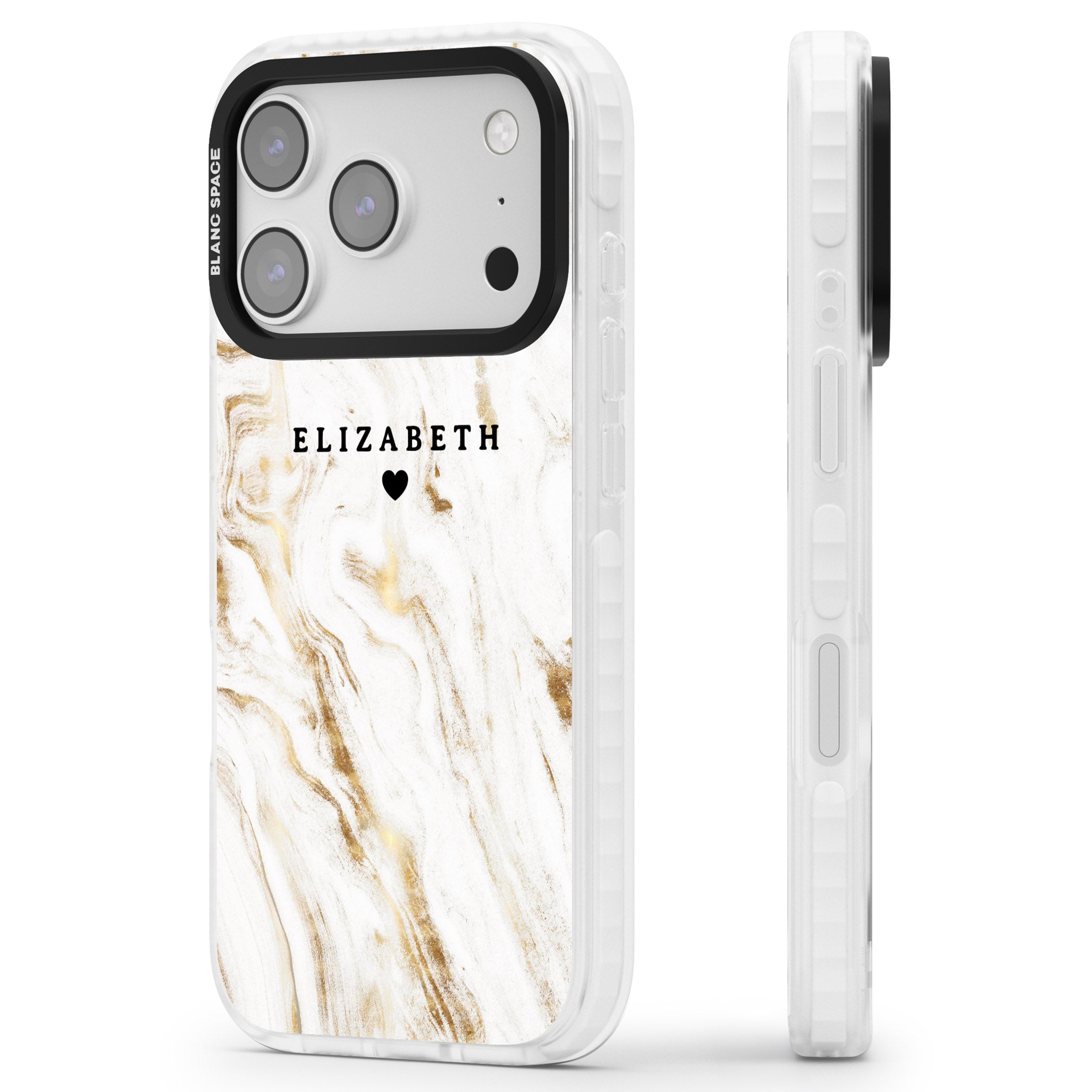 Personalised White & Gold Swirl Marble iPhone 17 Pro Max Impact Pro Clear Phone Case Side Profile