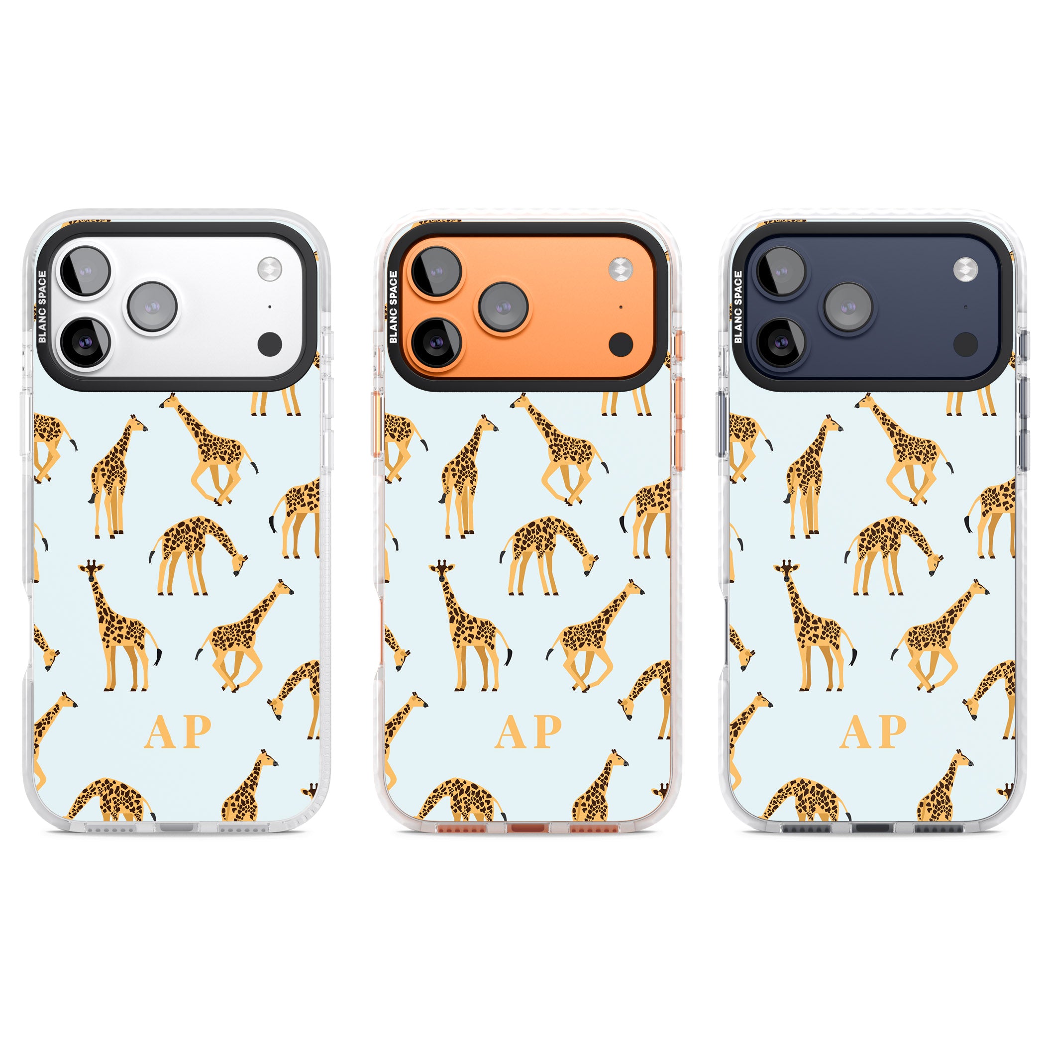 Personalised Safari Giraffe Pattern On Blue iPhone 17 Pro Impact Pro Clear Phone Case APT Impact Protection