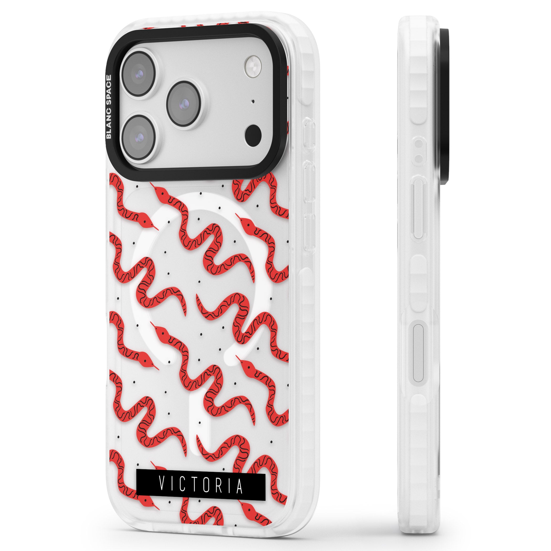 Personalised Red Snake Pattern iPhone 17 Pro Max Impact Pro Clear Phone Case Side Profile