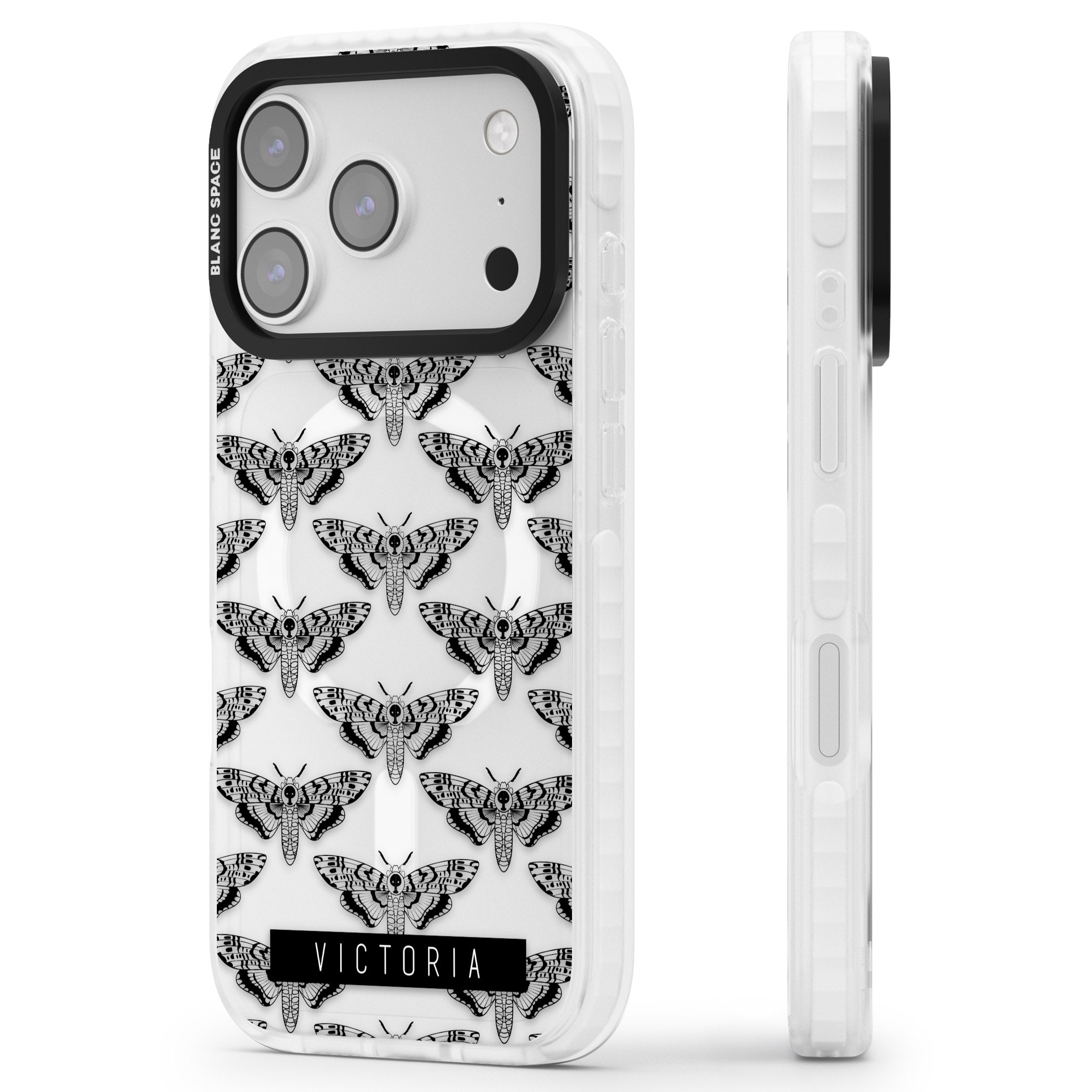 Personalised Hawk Moth Pattern iPhone 17 Pro Max Impact Pro Clear Phone Case Side Profile