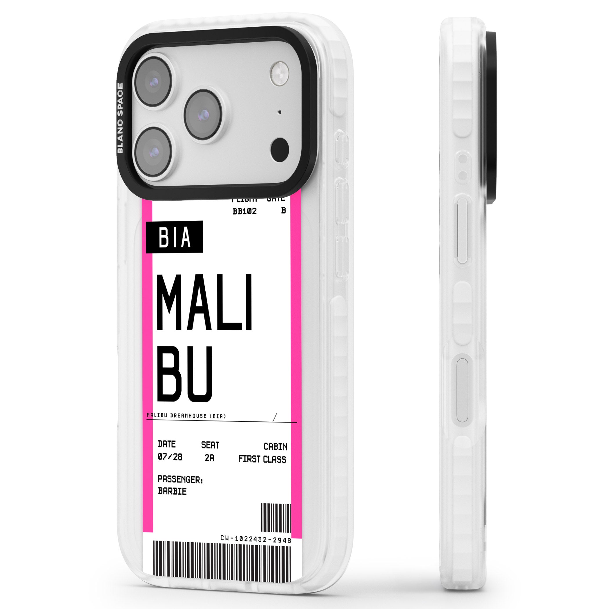 Personalised Pink Malibu Boarding Pass iPhone 17 Pro Max Impact Pro Clear Phone Case Side Profile