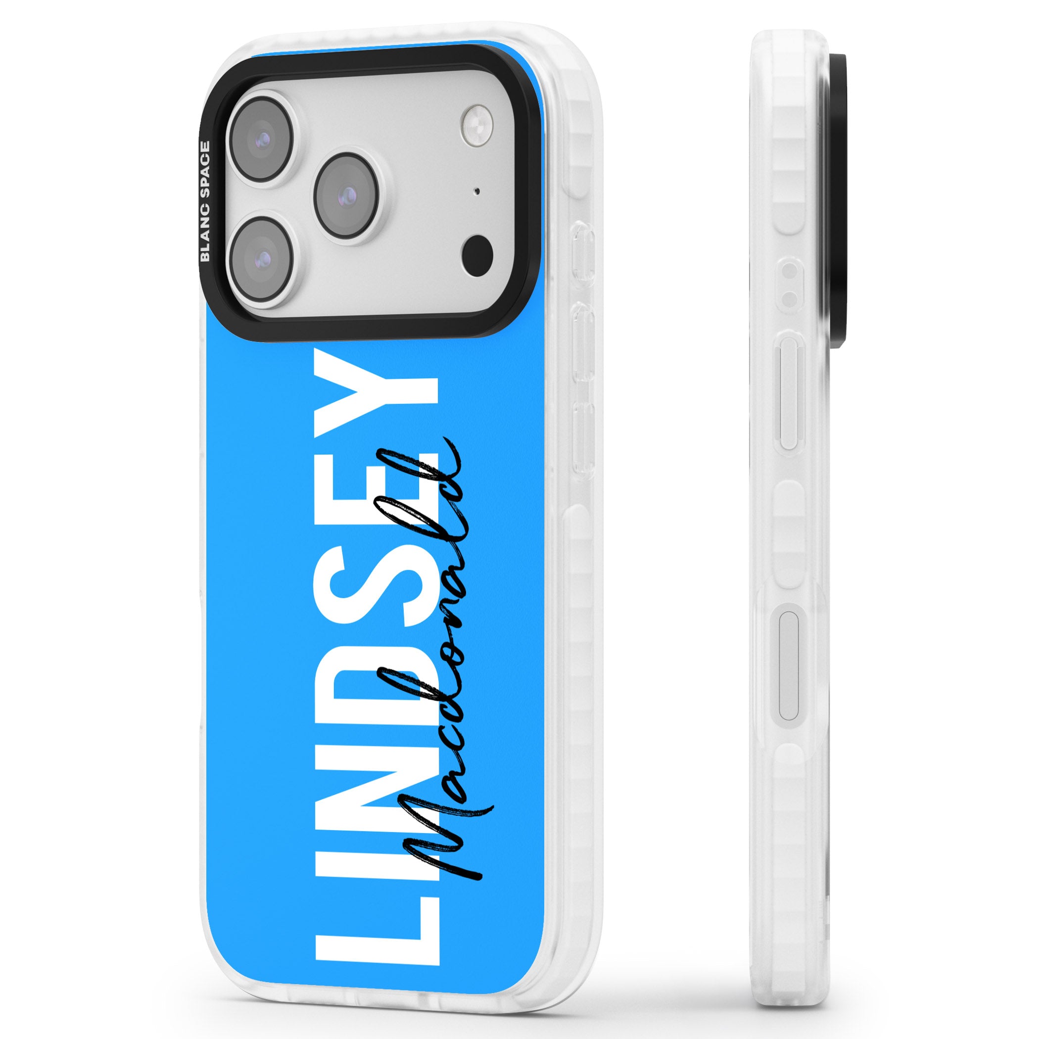 Personalised Bold Name: Blue iPhone 17 Pro Max Impact Pro Clear Phone Case Side Profile