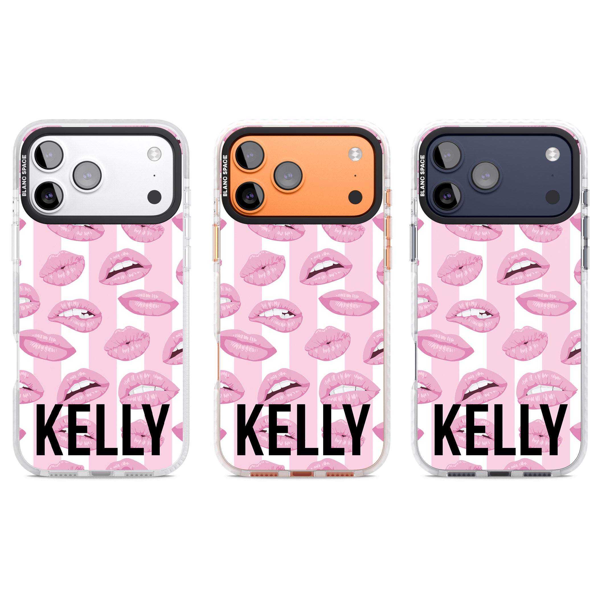 Personalised Pink Stripes & Lips iPhone 17 Pro Impact Pro Clear Phone Case APT Impact Protection