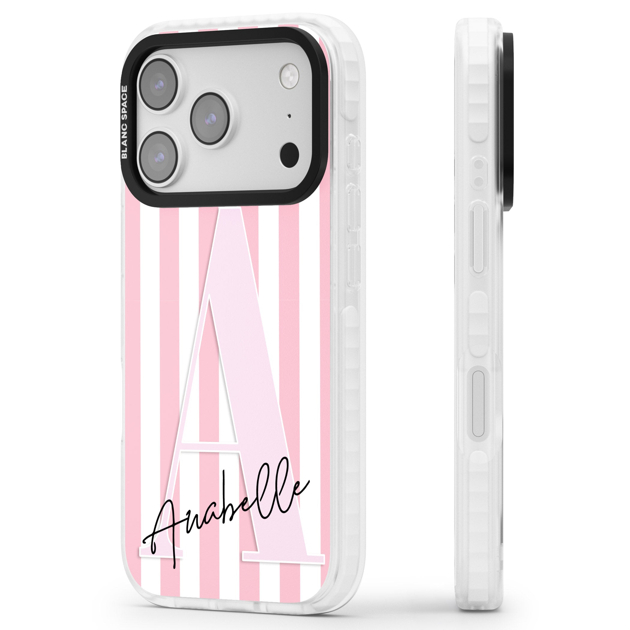 Personalised Pink Stripes & Monogram iPhone 17 Pro Max Impact Pro Clear Phone Case Side Profile