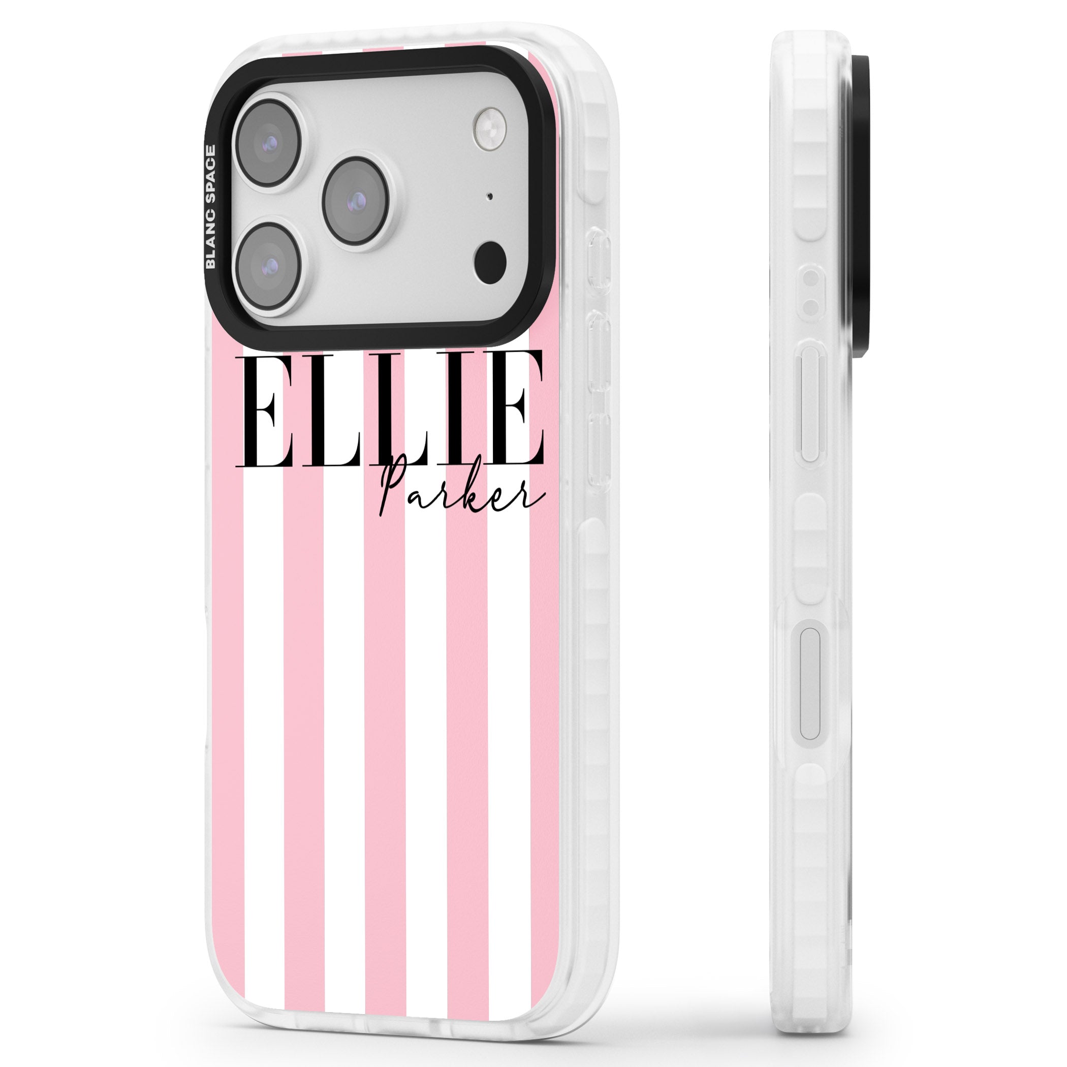 Personalised Pink Stripes iPhone 17 Pro Max Impact Pro Clear Phone Case Side Profile