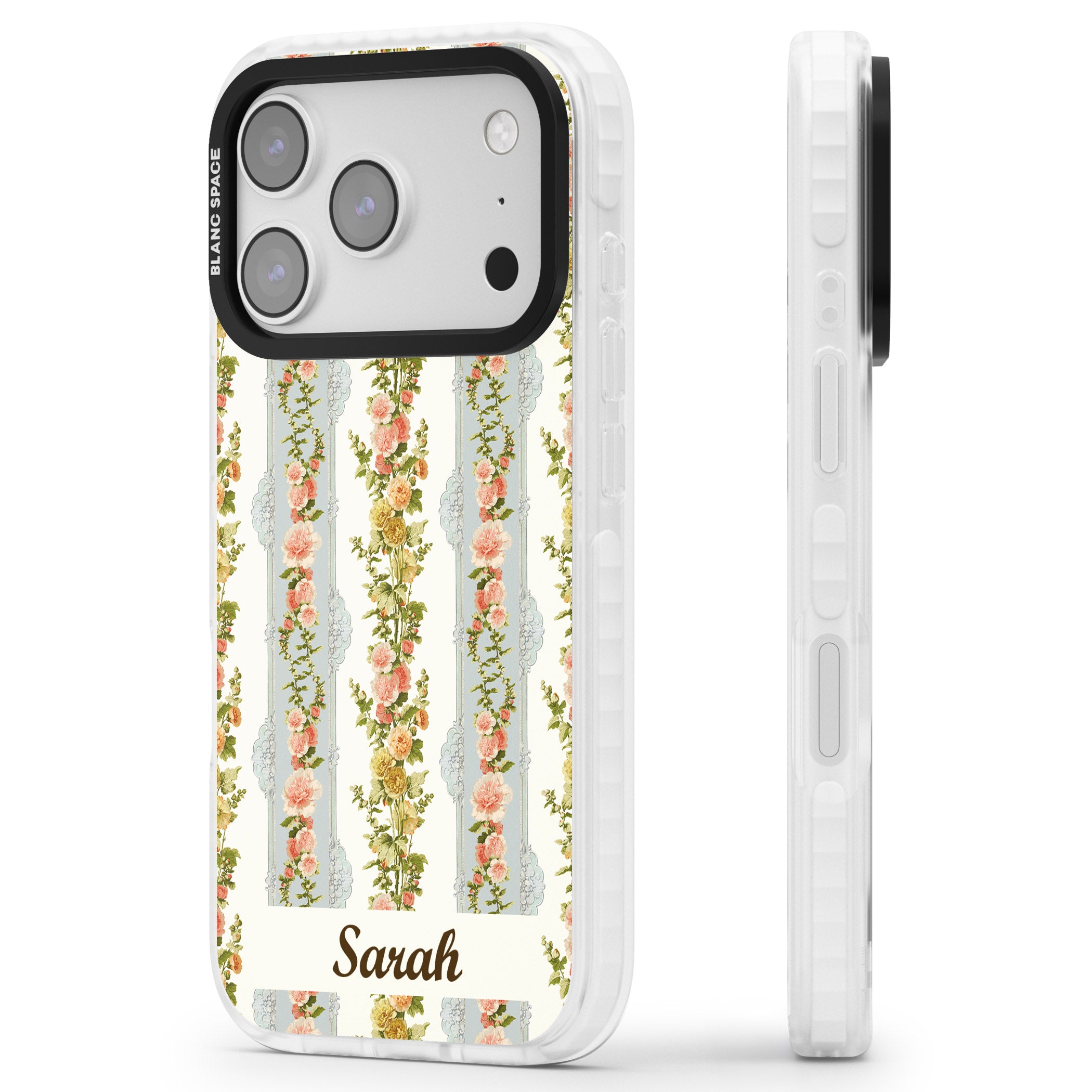 Personalised Vintage Floral Stripes iPhone 17 Pro Max Impact Pro Clear Phone Case Side Profile
