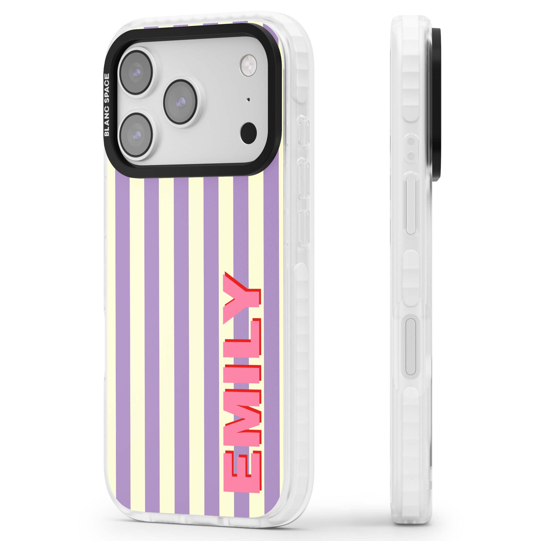 Valensole Stripe personalised iPhone case with purple and cream vertical stripes and pink custom name | Impact Magsafe case for iPhone 17 Pro, iPhone 17 Pro Max