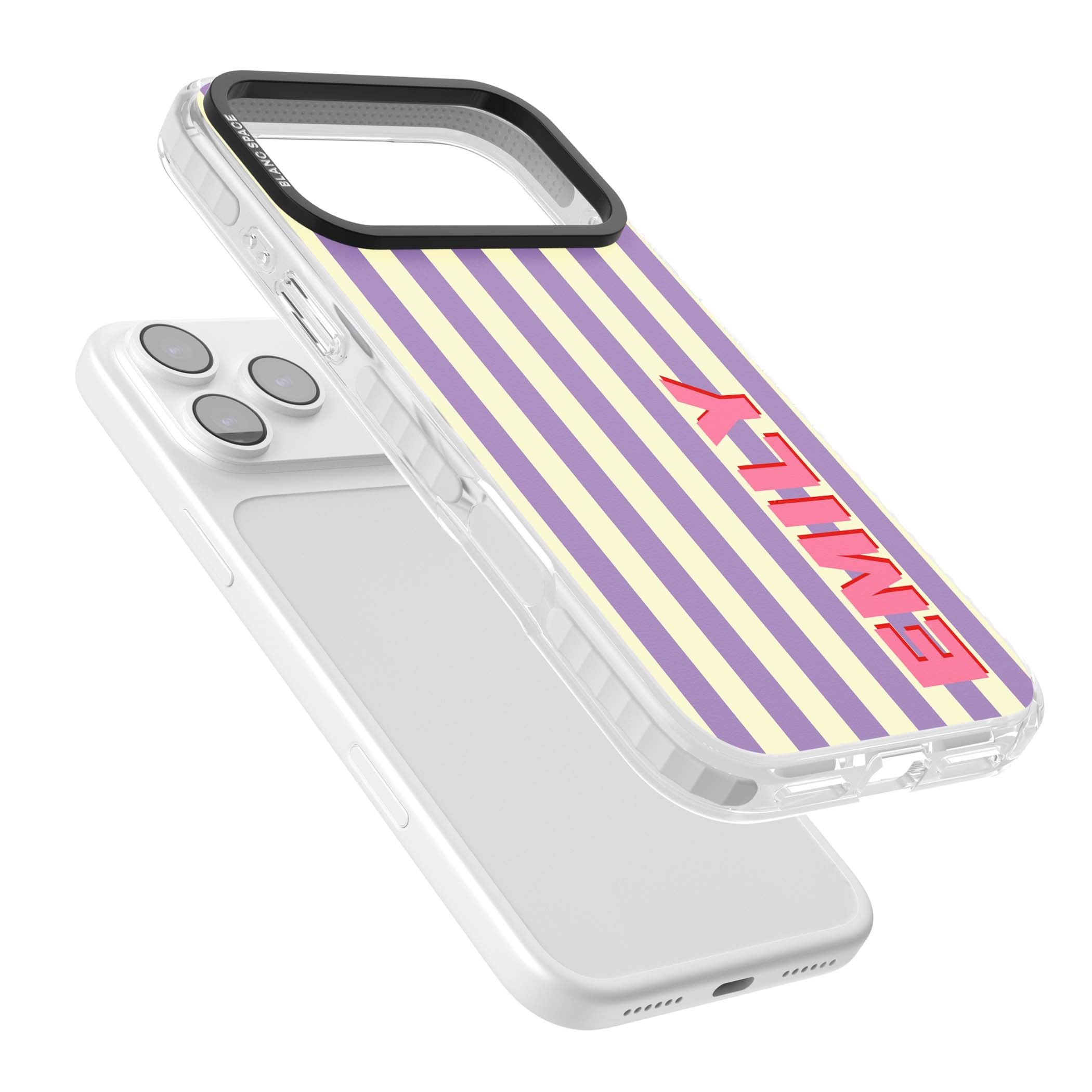 Valensole Stripe personalised iPhone case with purple and cream vertical stripes and pink custom name | Impact Magsafe case for iPhone 17 Pro, iPhone 17 Pro Max