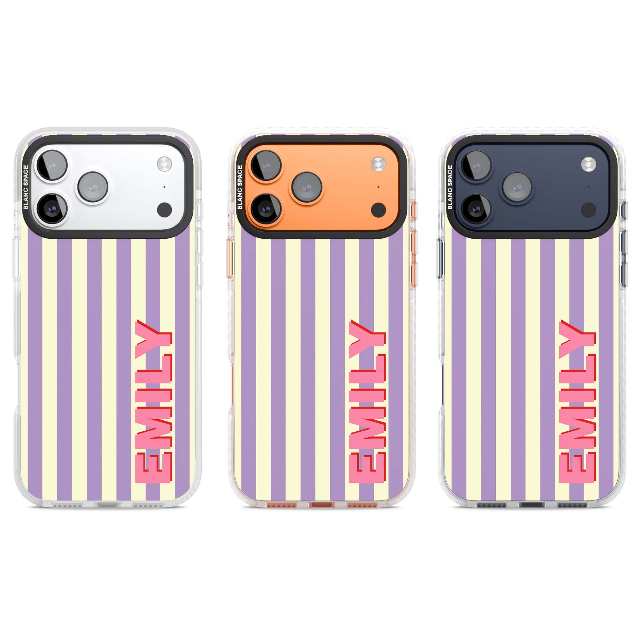 Valensole Stripe personalised iPhone case with purple and cream vertical stripes and pink custom name | Impact Magsafe case for iPhone 17 Pro, iPhone 17 Pro Max