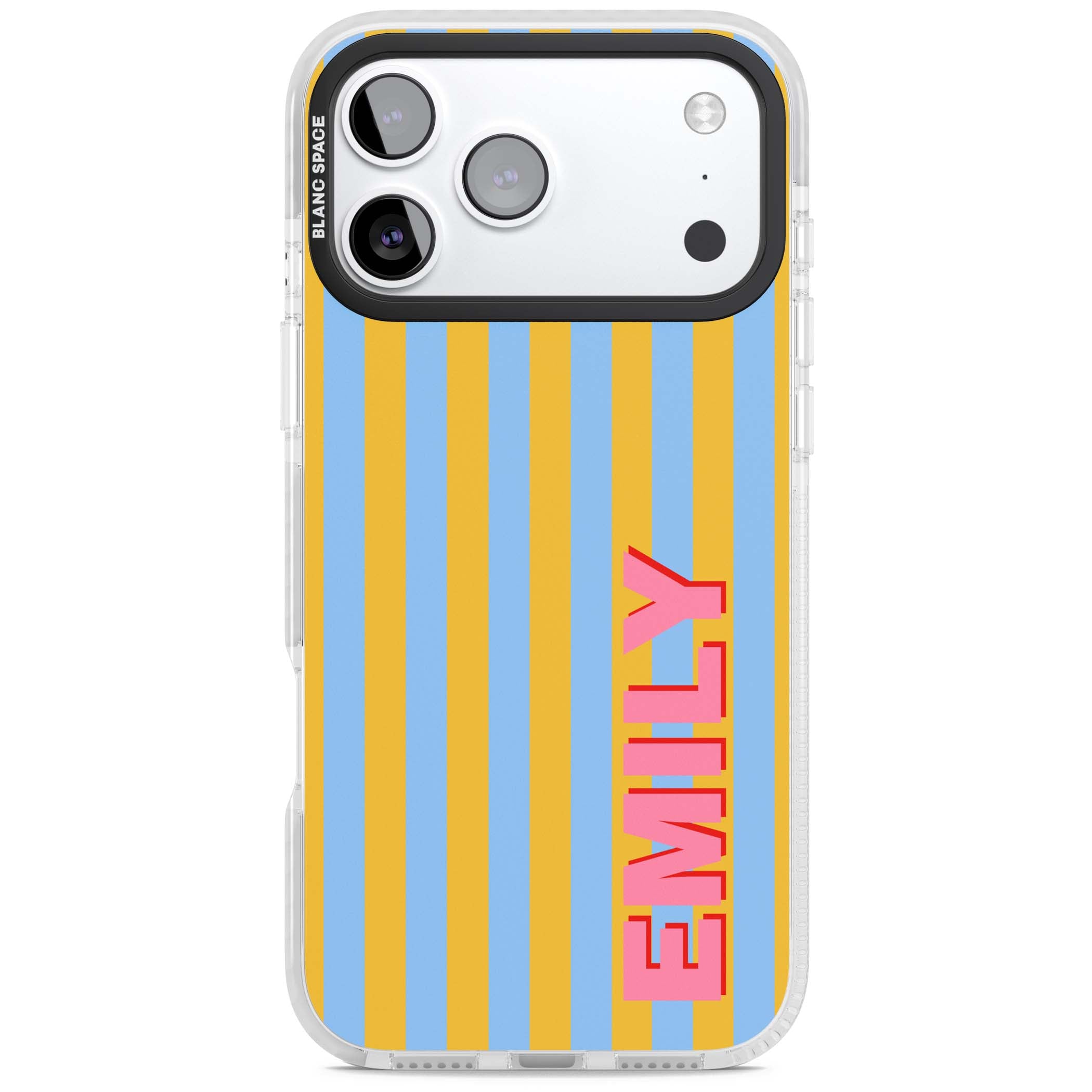 Carribean Stripe personalised coastal iPhone case with yellow and blue vertical stripes and a custom pink name | Impact Magsafe case for iPhone 17 Pro, iPhone 17 Pro Max