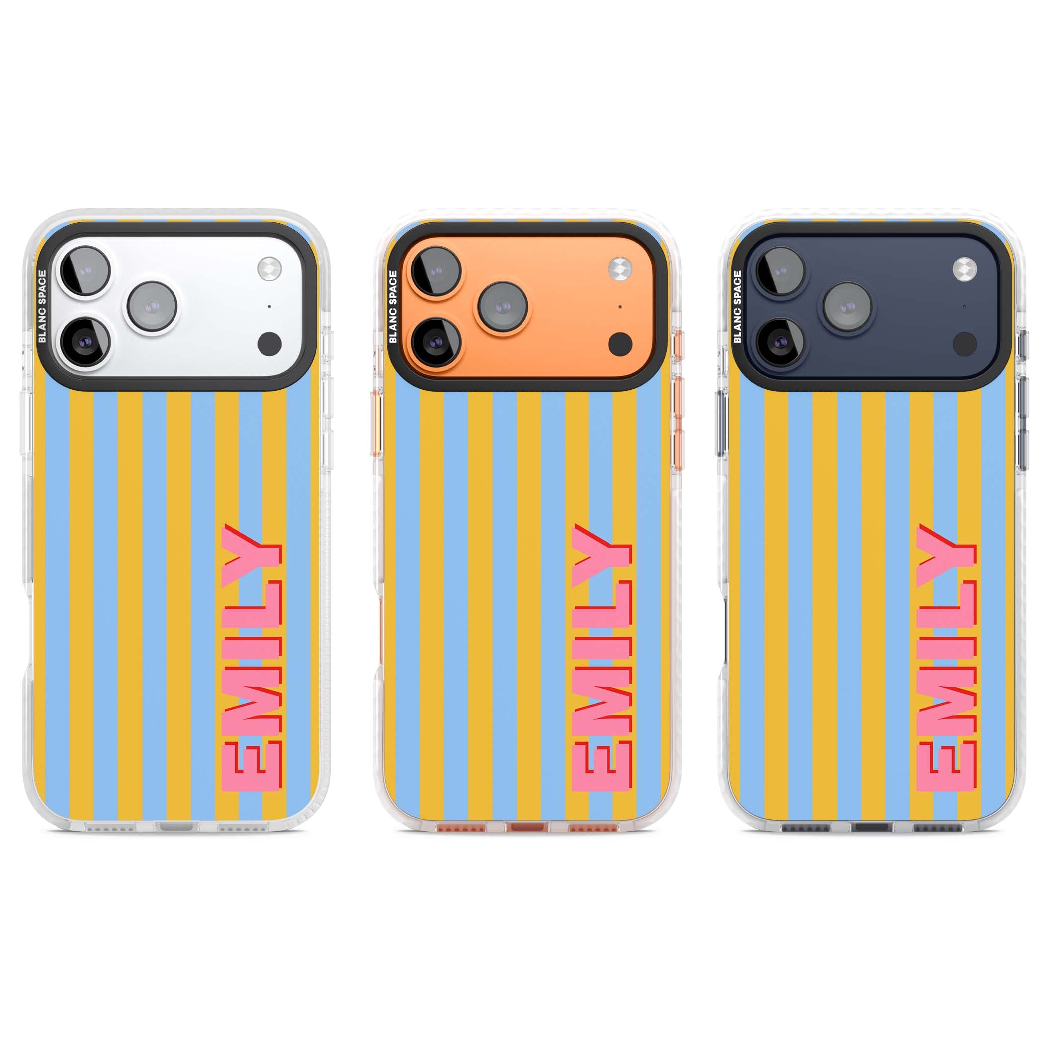 Carribean Stripe personalised coastal iPhone case with yellow and blue vertical stripes and a custom pink name | Impact Magsafe case for iPhone 17 Pro, iPhone 17 Pro Max