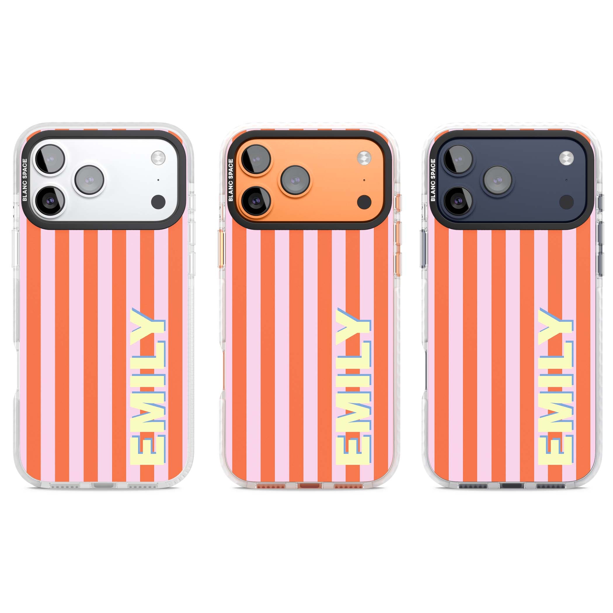Havana Stripe personalised iPhone case featuring pink and orange vertical stripes with a custom yellow name | Impact Magsafe case for iPhone 17 Pro, iPhone 17 Pro Max