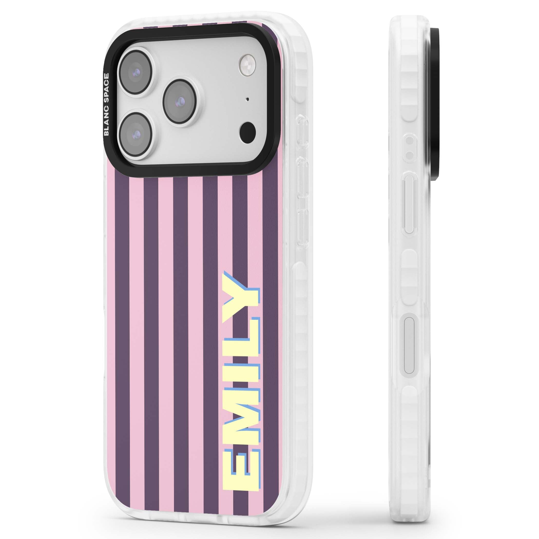 Tyre Stripe personalised stripe iPhone case with plum and pink vertical stripes and custom yellow name | Impact Magsafe case for iPhone 17 Pro, iPhone 17 Pro Max