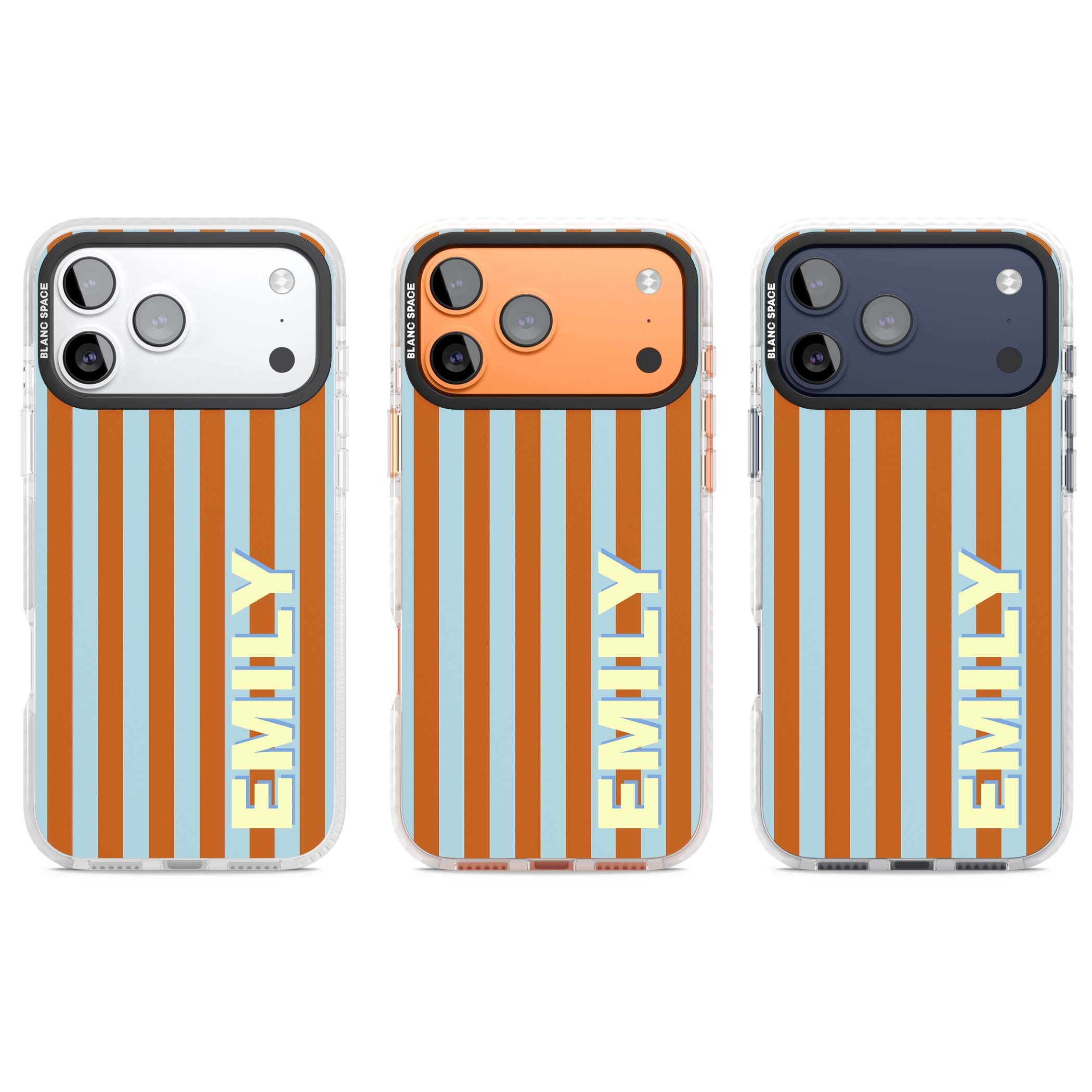 Cappadocia Stripe personalised coastal iPhone case featuring blue and orange vertical stripes with custom cream name | Impact Magsafe case for iPhone 17 Pro, iPhone 17 Pro Max