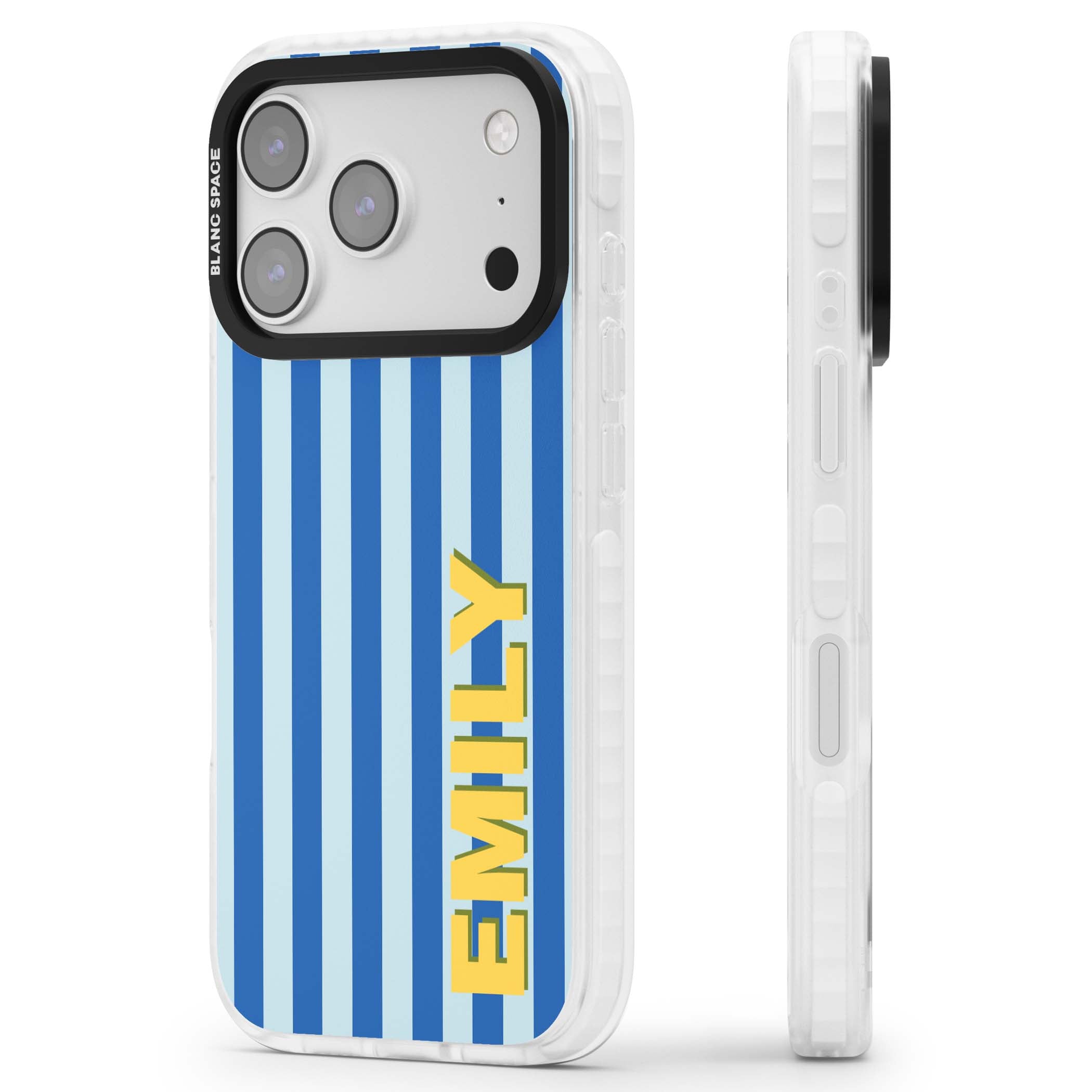 Athenian Stripe personalised preppy iPhone case featuring blue vertical stripes and a custom yellow name | Impact Magsafe case for iPhone 17 Pro, iPhone 17 Pro Max