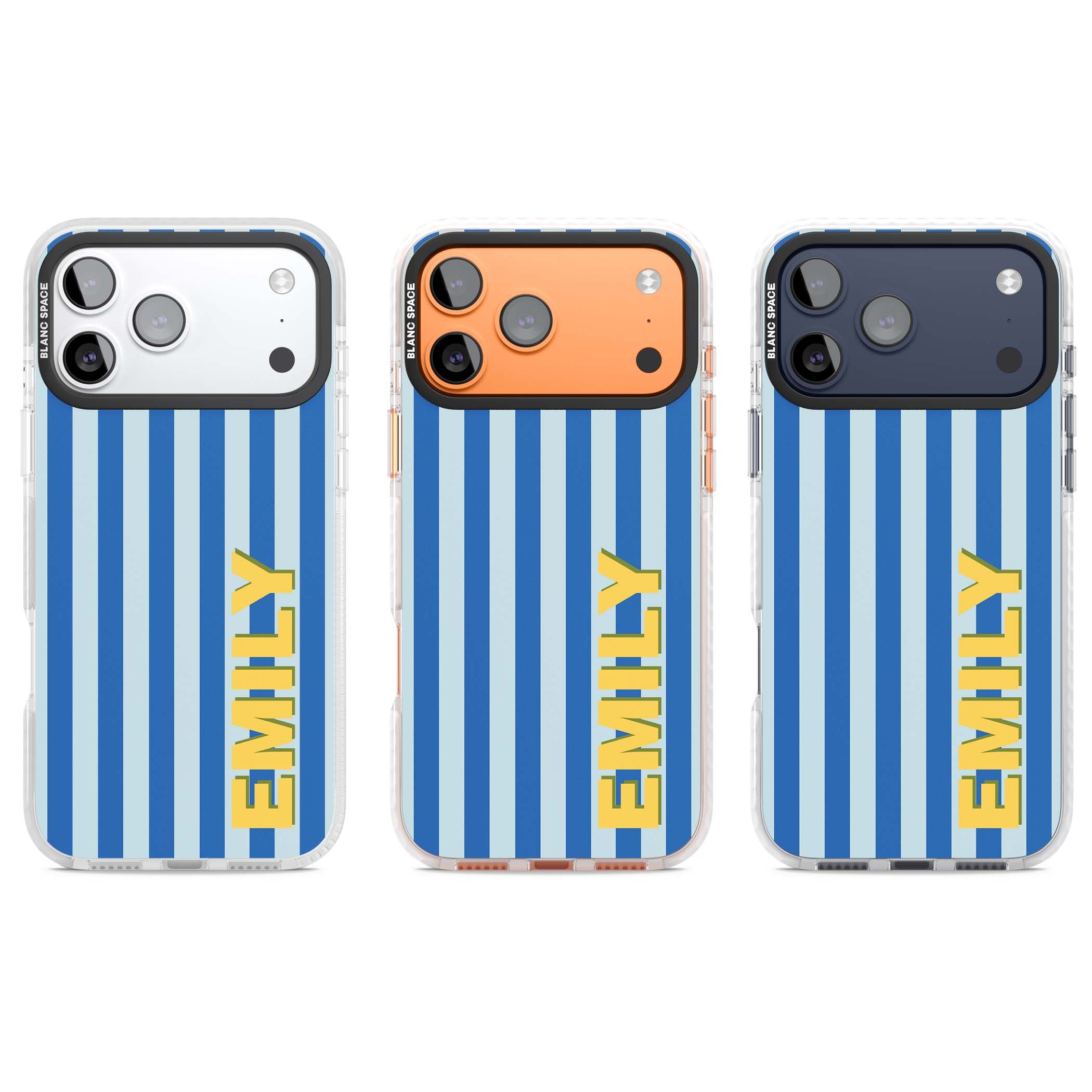 Athenian Stripe personalised preppy iPhone case featuring blue vertical stripes and a custom yellow name | Impact Magsafe case for iPhone 17 Pro, iPhone 17 Pro Max