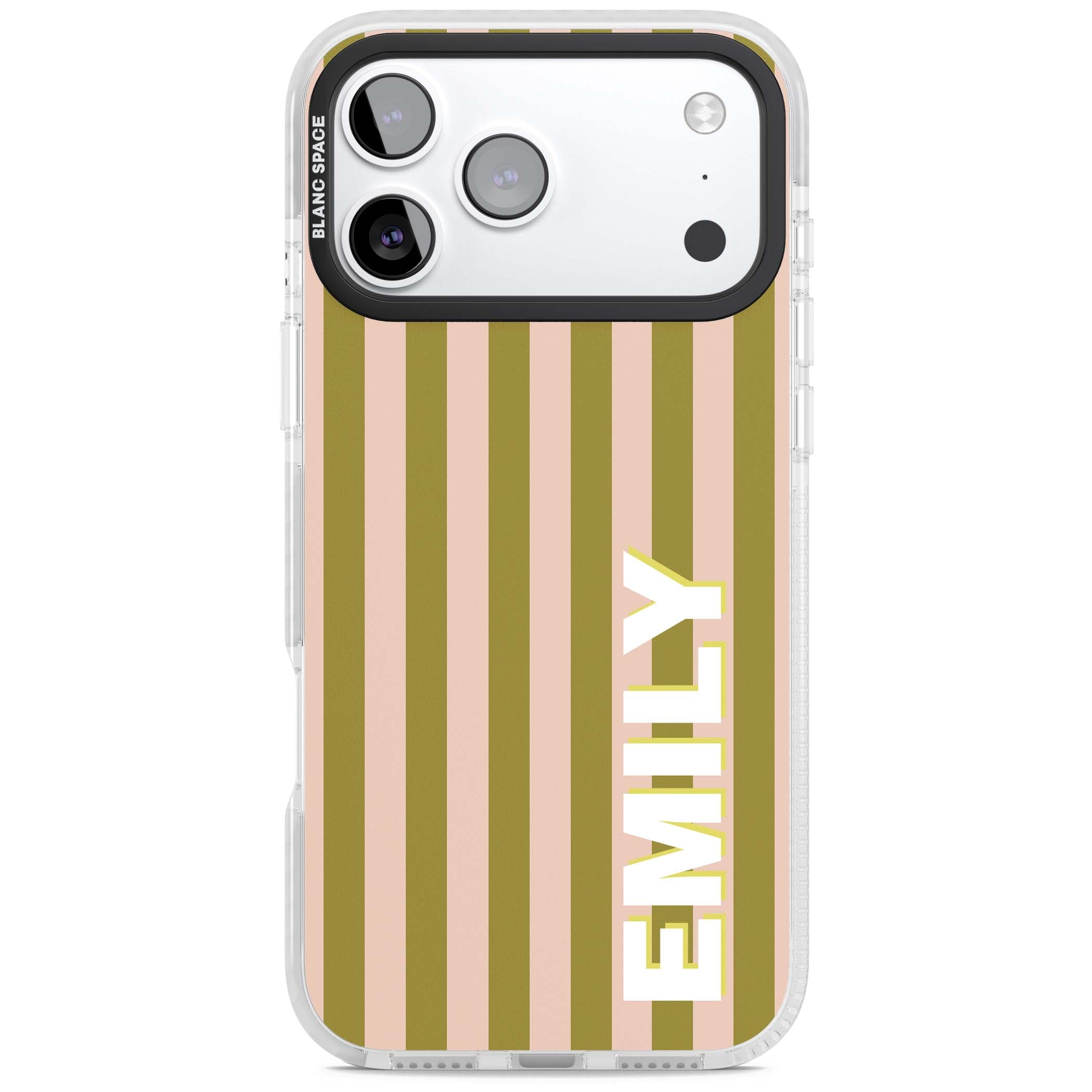 Indian Stripe personalised iPhone case featuring olive green and blush pink vertical stripes with custom name in whit | Impact Magsafe case for iPhone 17 Pro, iPhone 17 Pro Max