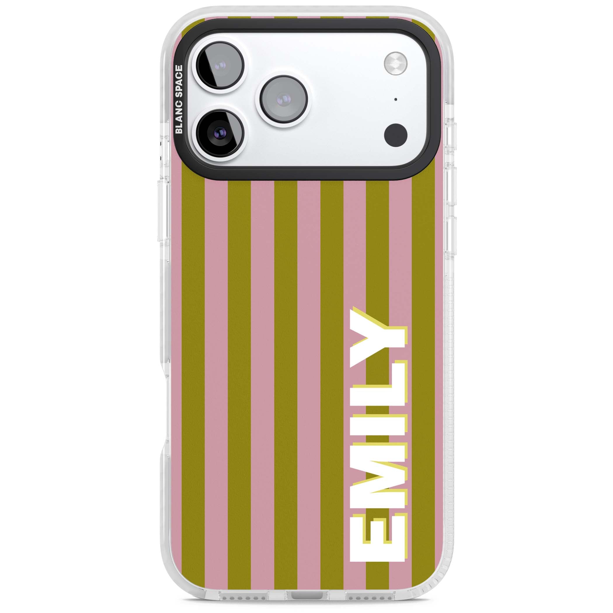 Istanbul Stripe personalised iPhone case featuring pink and olive green vertical stripes with a custom vertical name | Impact Magsafe case for iPhone 17 Pro, iPhone 17 Pro Max
