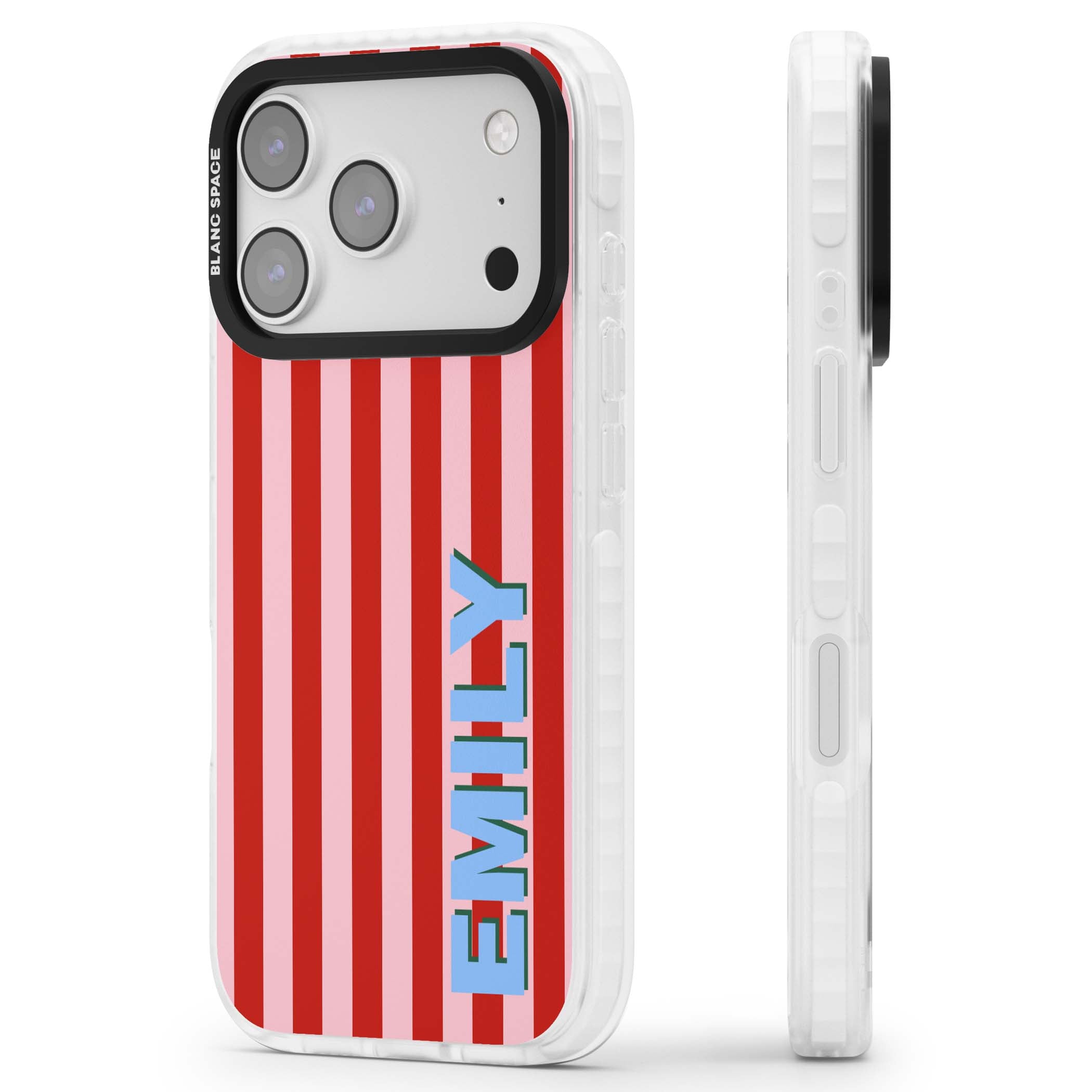 Market Stripe personalised iPhone case with red and pink vertical stripes and custom blue name | Impact Magsafe case for iPhone 17 Pro, iPhone 17 Pro Max