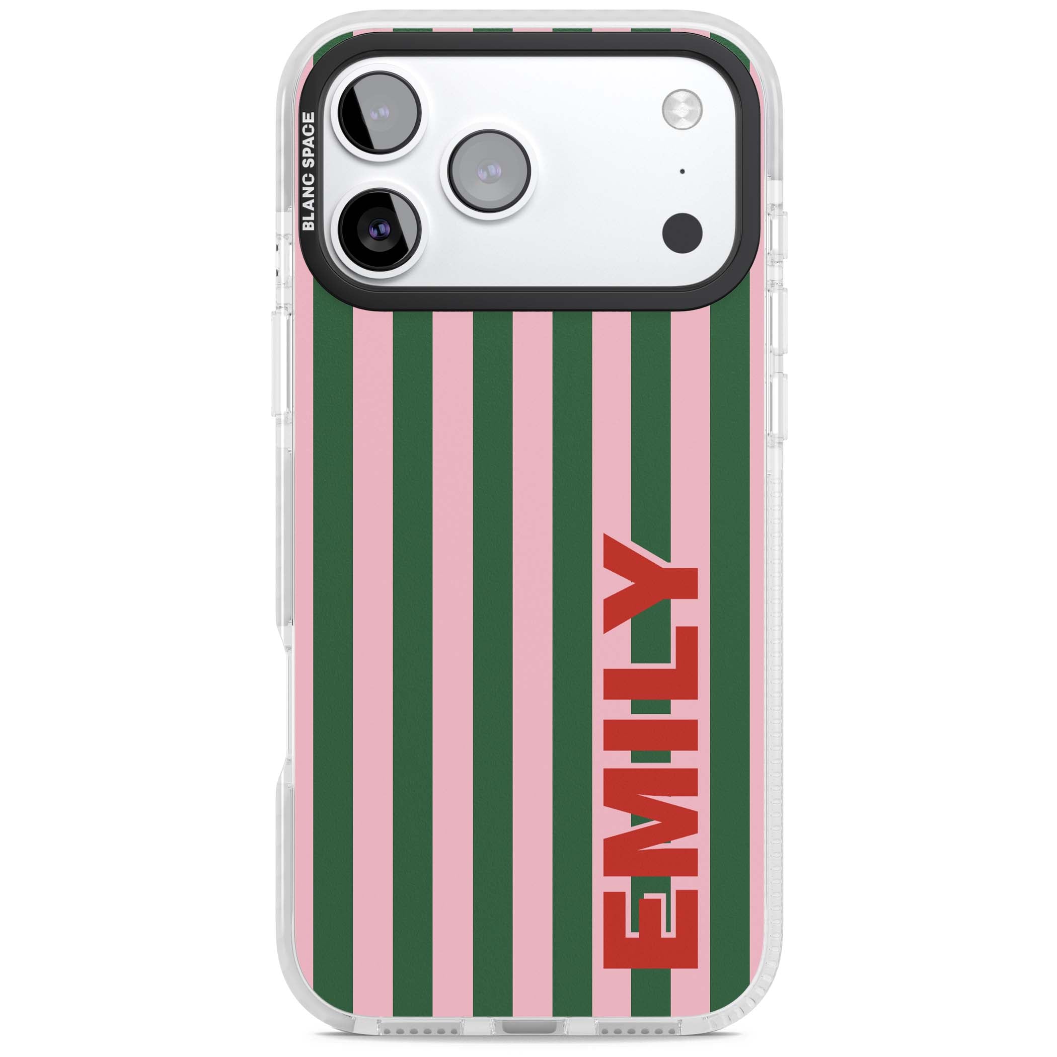 Italian Stripe preppy iPhone case featuring pink and green vertical stripes with personalised red name | Impact Magsafe case for iPhone 17 Pro, iPhone 17 Pro Max