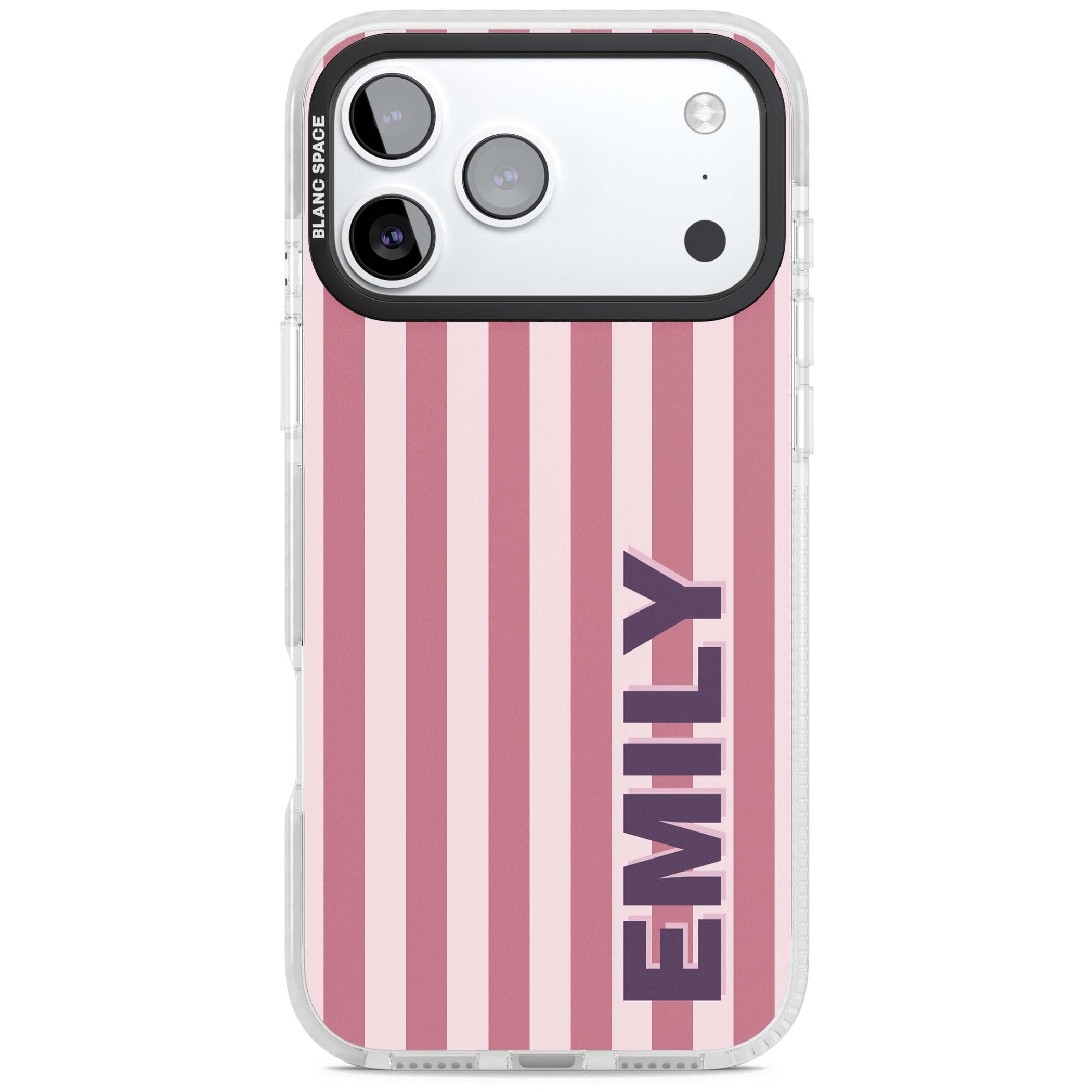 Victoria Stripe personalised iPhone case featuring pink vertical stripes and custom name in bold plum lettering | Impact Magsafe case for iPhone 17 Pro, iPhone 17 Pro Max