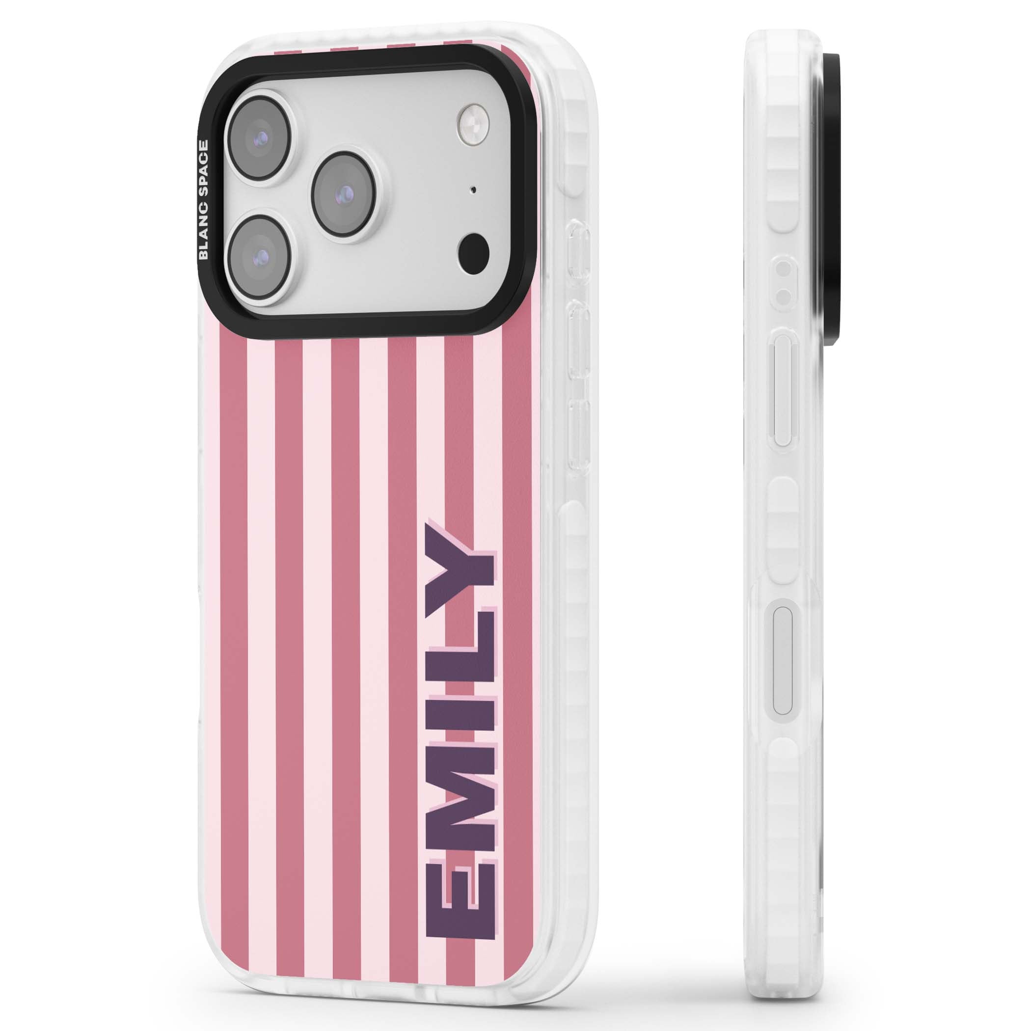 Victoria Stripe personalised iPhone case featuring pink vertical stripes and custom name in bold plum lettering | Impact Magsafe case for iPhone 17 Pro, iPhone 17 Pro Max