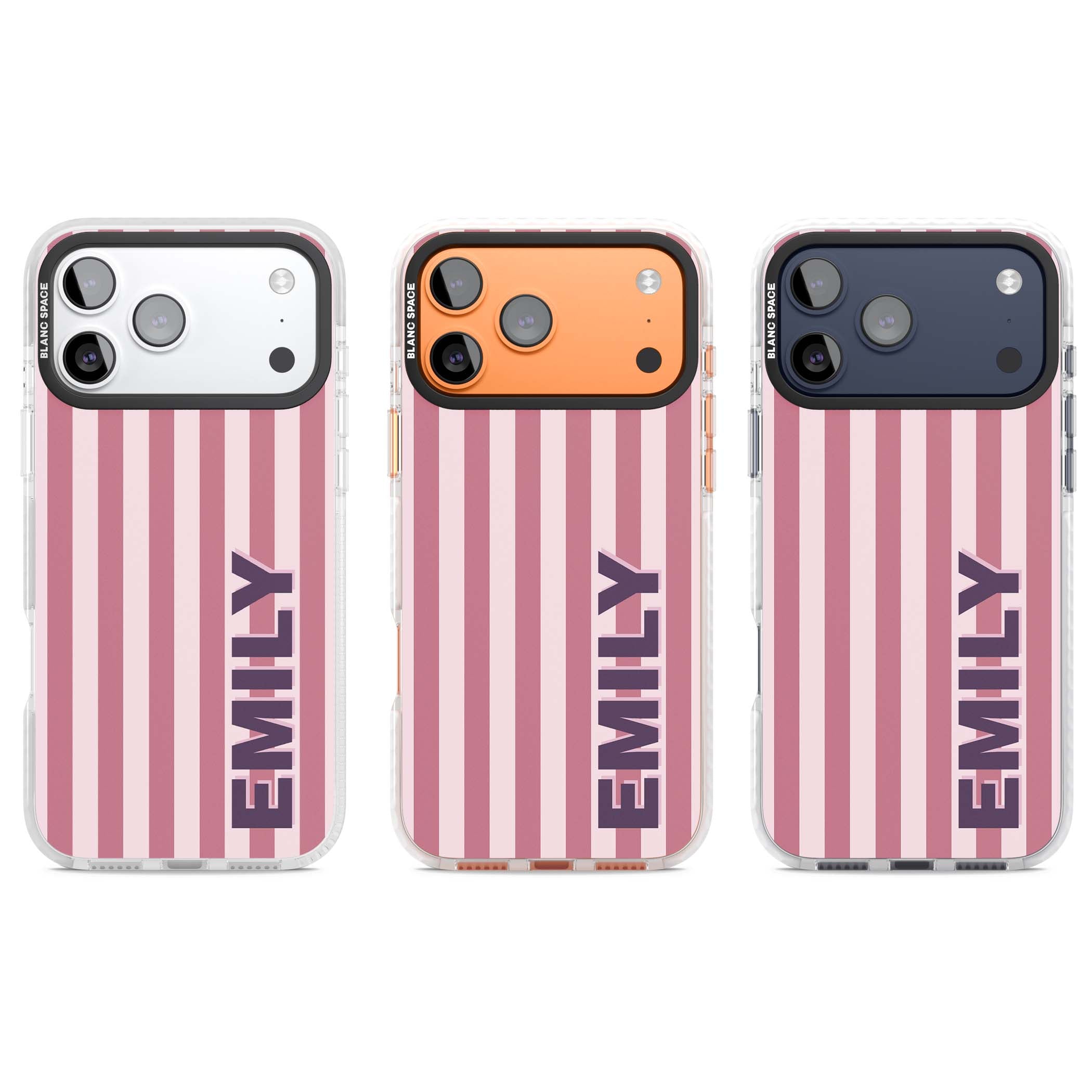 Victoria Stripe personalised iPhone case featuring pink vertical stripes and custom name in bold plum lettering | Impact Magsafe case for iPhone 17 Pro, iPhone 17 Pro Max
