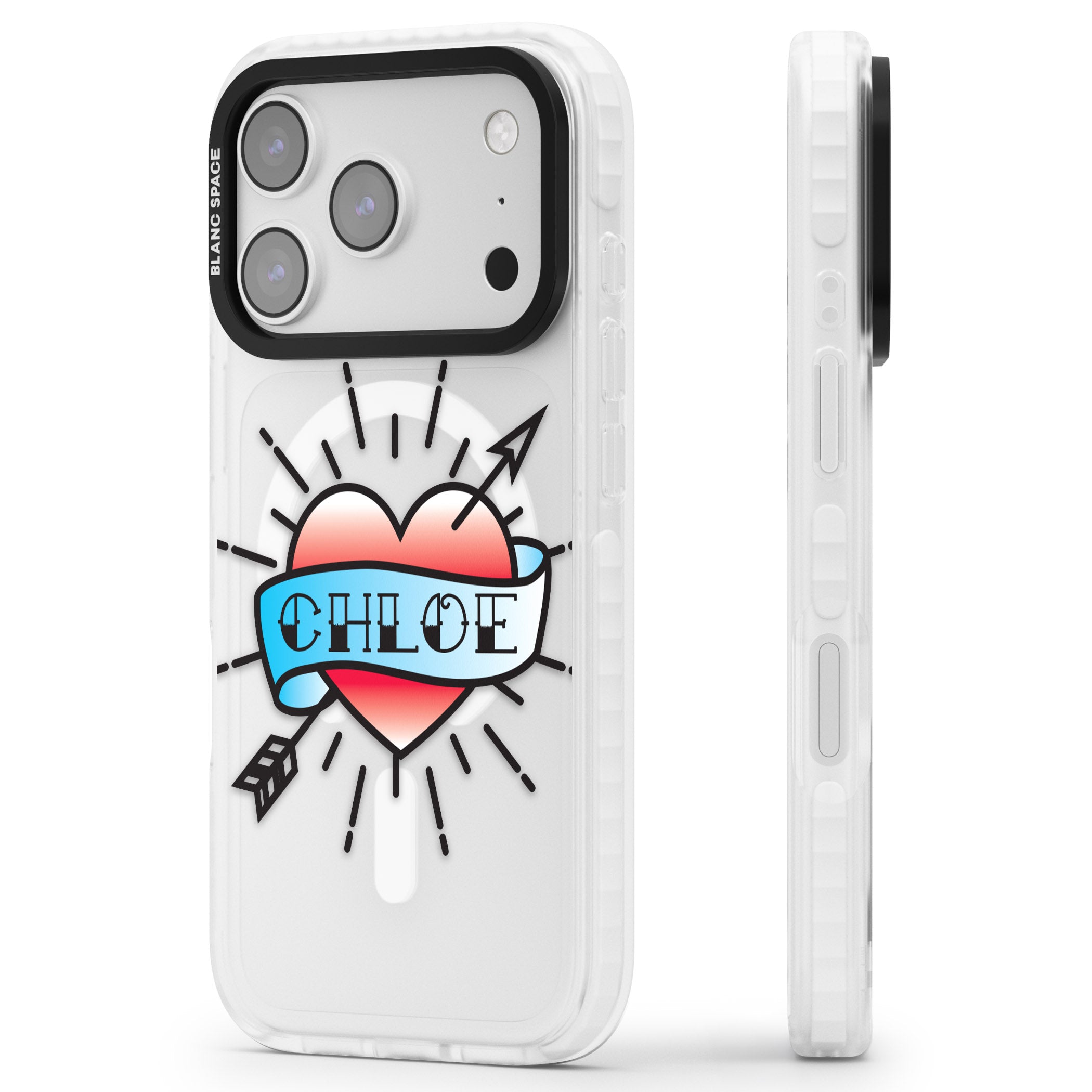 Personalised Heart Tattoo iPhone 17 Pro Max Impact Pro Clear Phone Case Side Profile