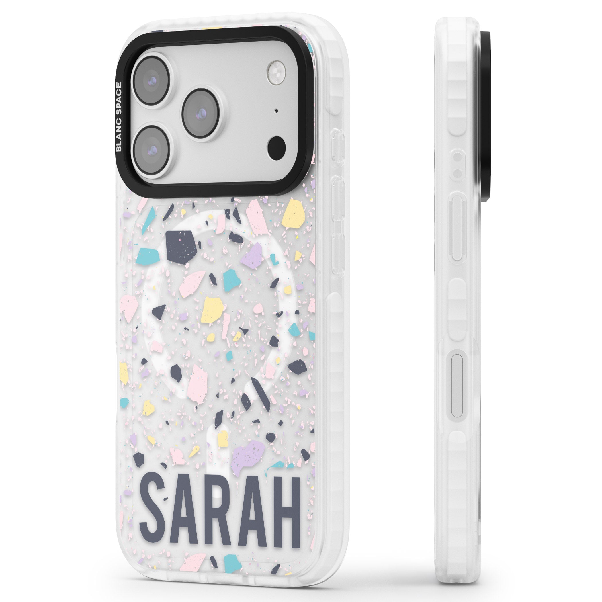 Personalised Pastel Terrazzo iPhone 17 Pro Max Impact Pro Clear Phone Case Side Profile