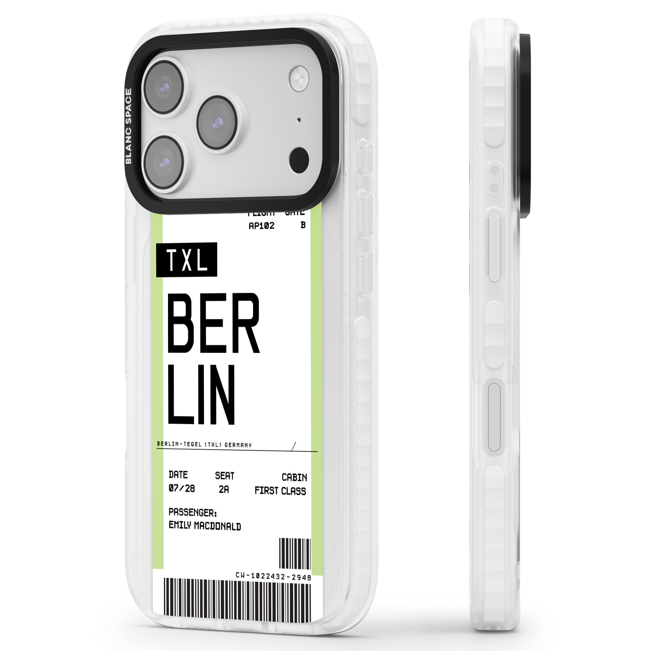 Personalised Berlin Boarding Pass iPhone 17 Pro Max Impact Pro Clear Phone Case Side Profile