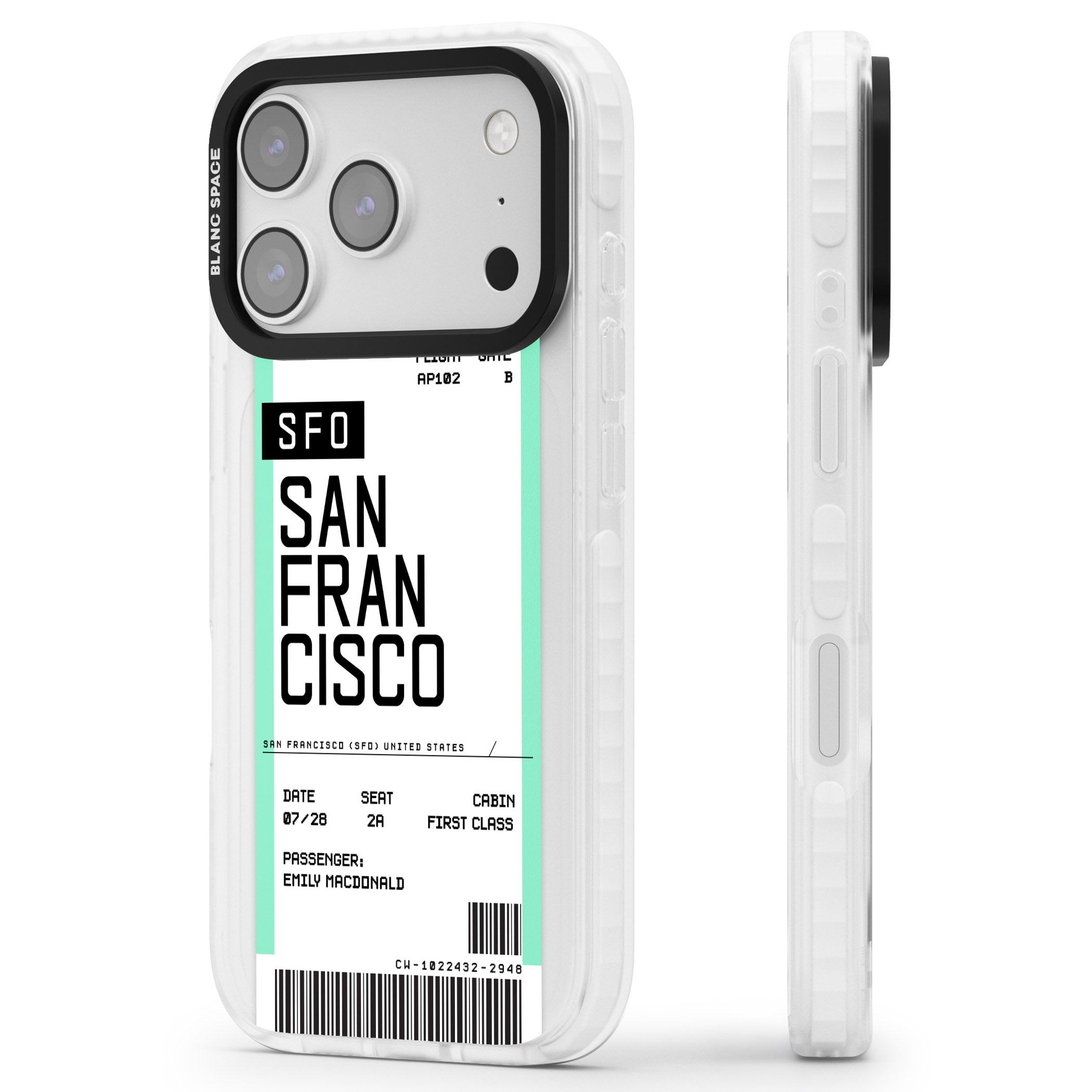 Personalised San Francisco Boarding Pass iPhone 17 Pro Max Impact Pro Clear Phone Case Side Profile