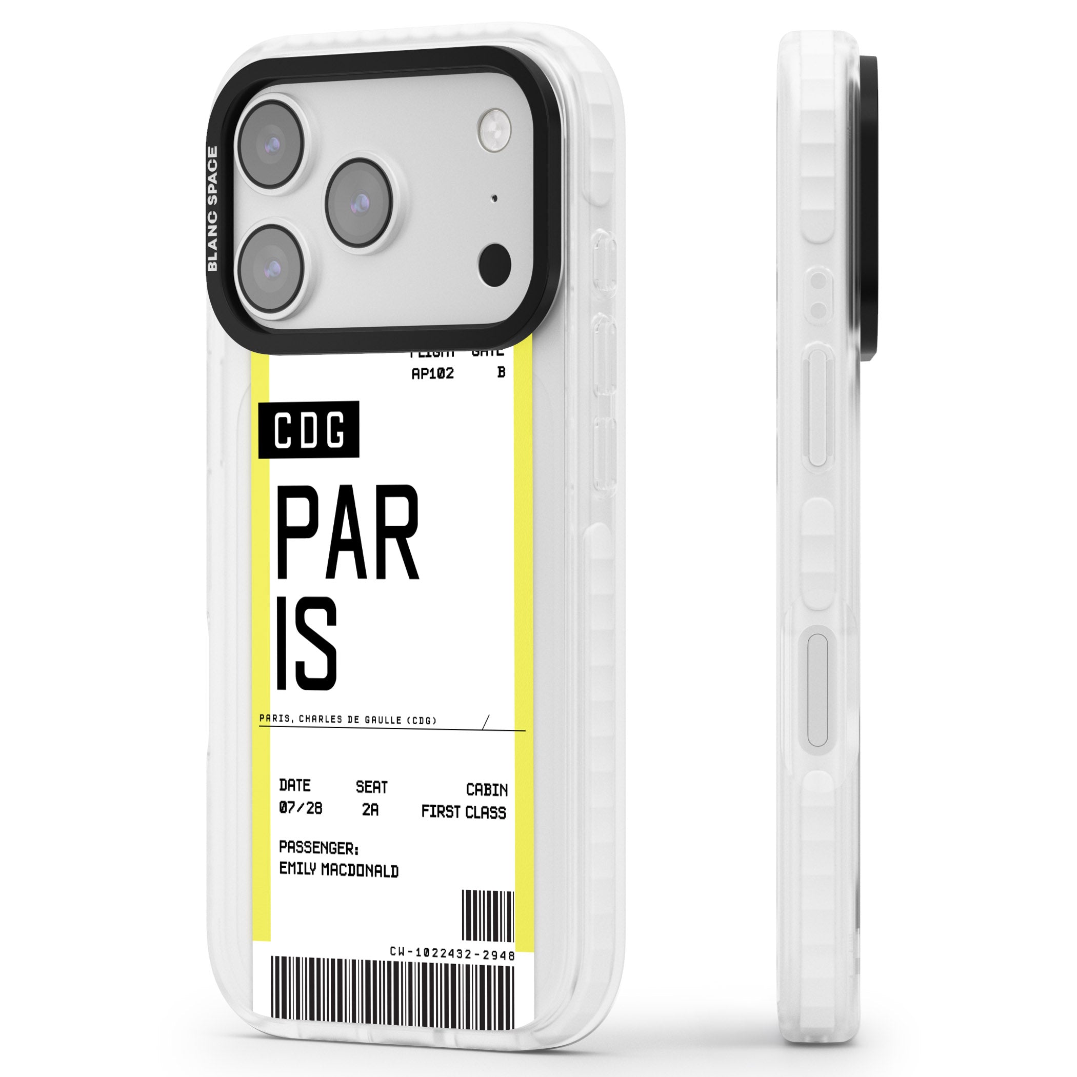Personalised Paris Boarding Pass iPhone 17 Pro Max Impact Pro Clear Phone Case Side Profile