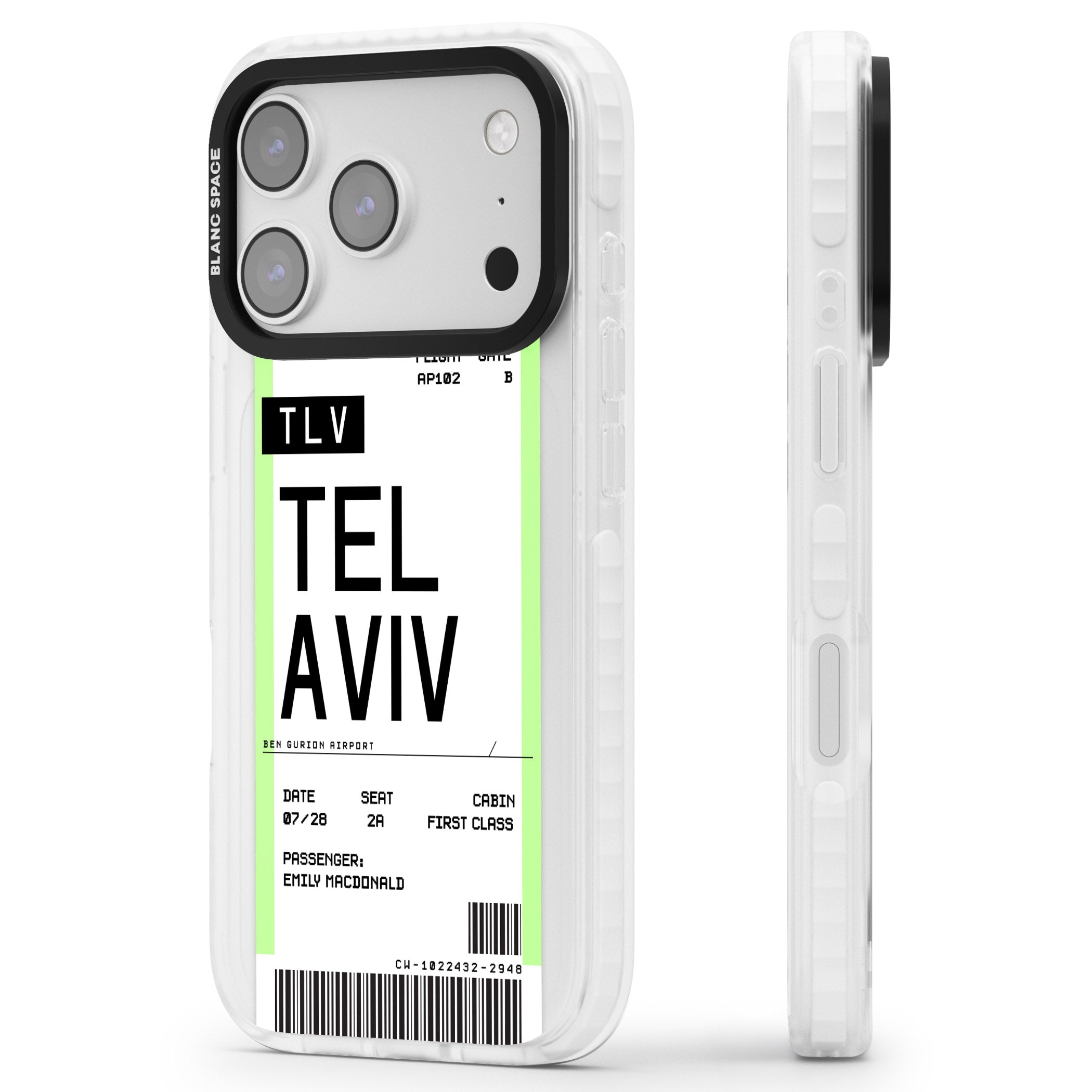 Personalised Tel Aviv Boarding Pass iPhone 17 Pro Max Impact Pro Clear Phone Case Side Profile
