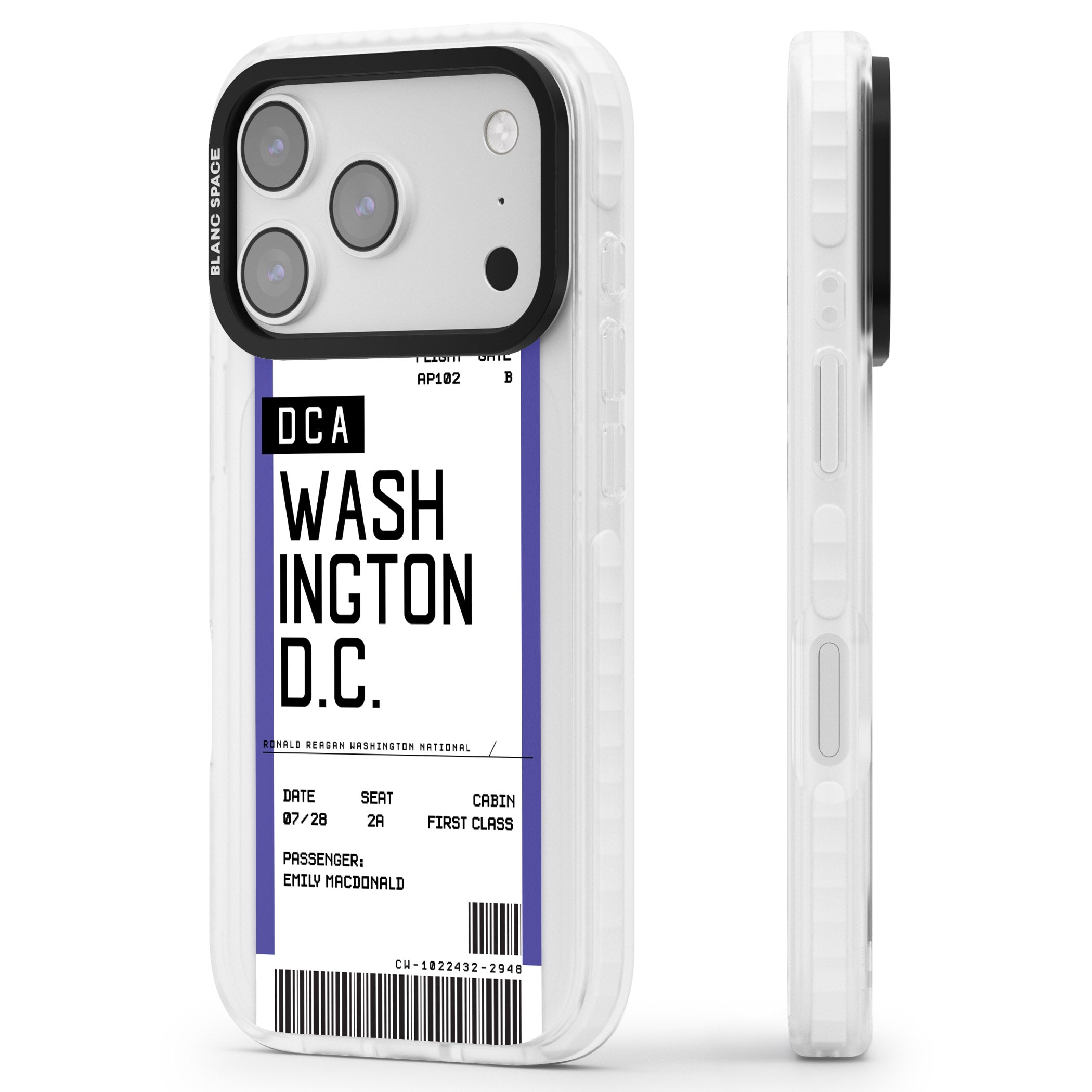 Personalised Washington D.C. Boarding Pass iPhone 17 Pro Max Impact Pro Clear Phone Case Side Profile