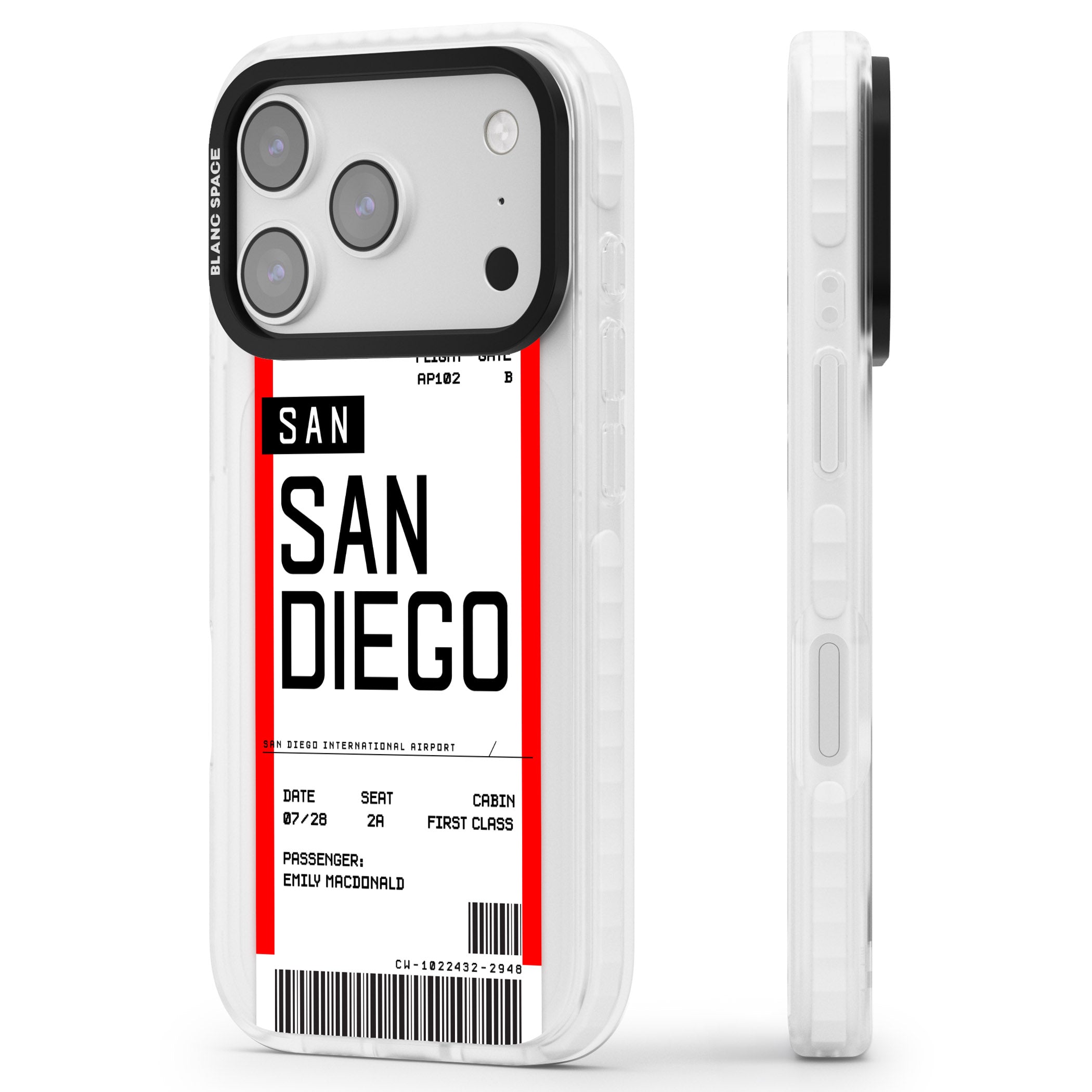 Personalised San Diego Boarding Pass iPhone 17 Pro Max Impact Pro Clear Phone Case Side Profile
