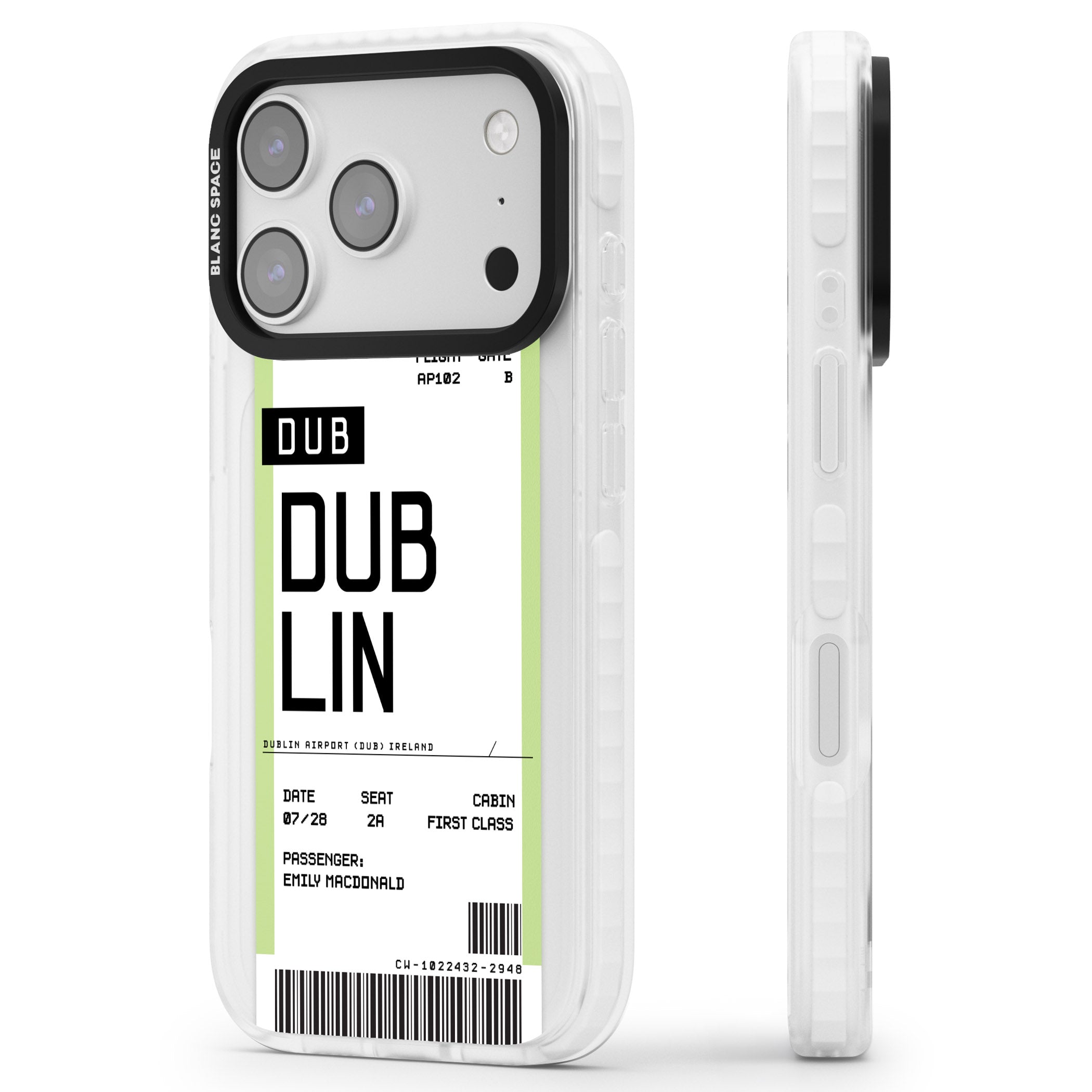 Personalised Dublin Boarding Pass iPhone 17 Pro Max Impact Pro Clear Phone Case Side Profile