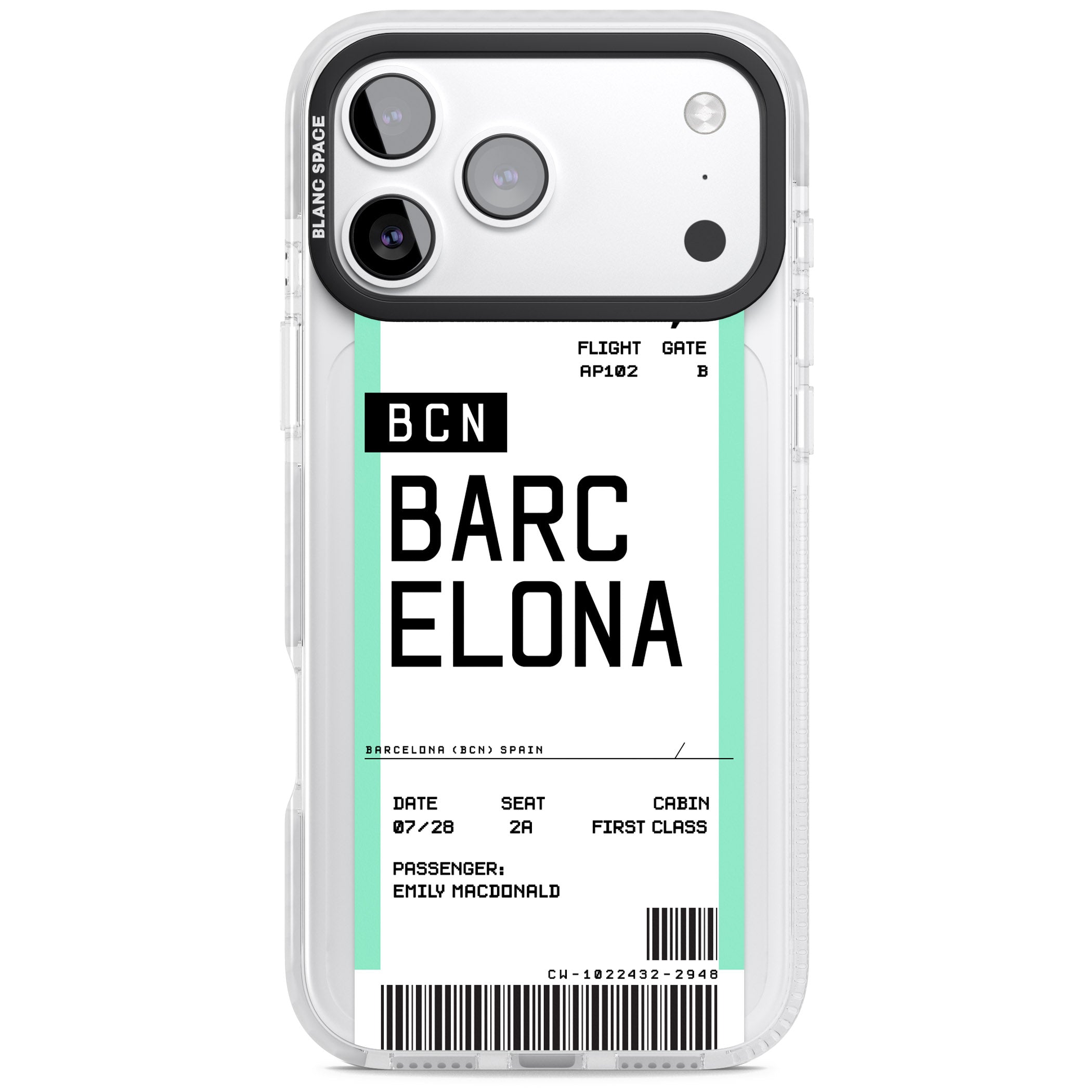 Personalised Barcelona Boarding Pass iPhone 17 Pro Max Impact Pro Clear Phone Case
