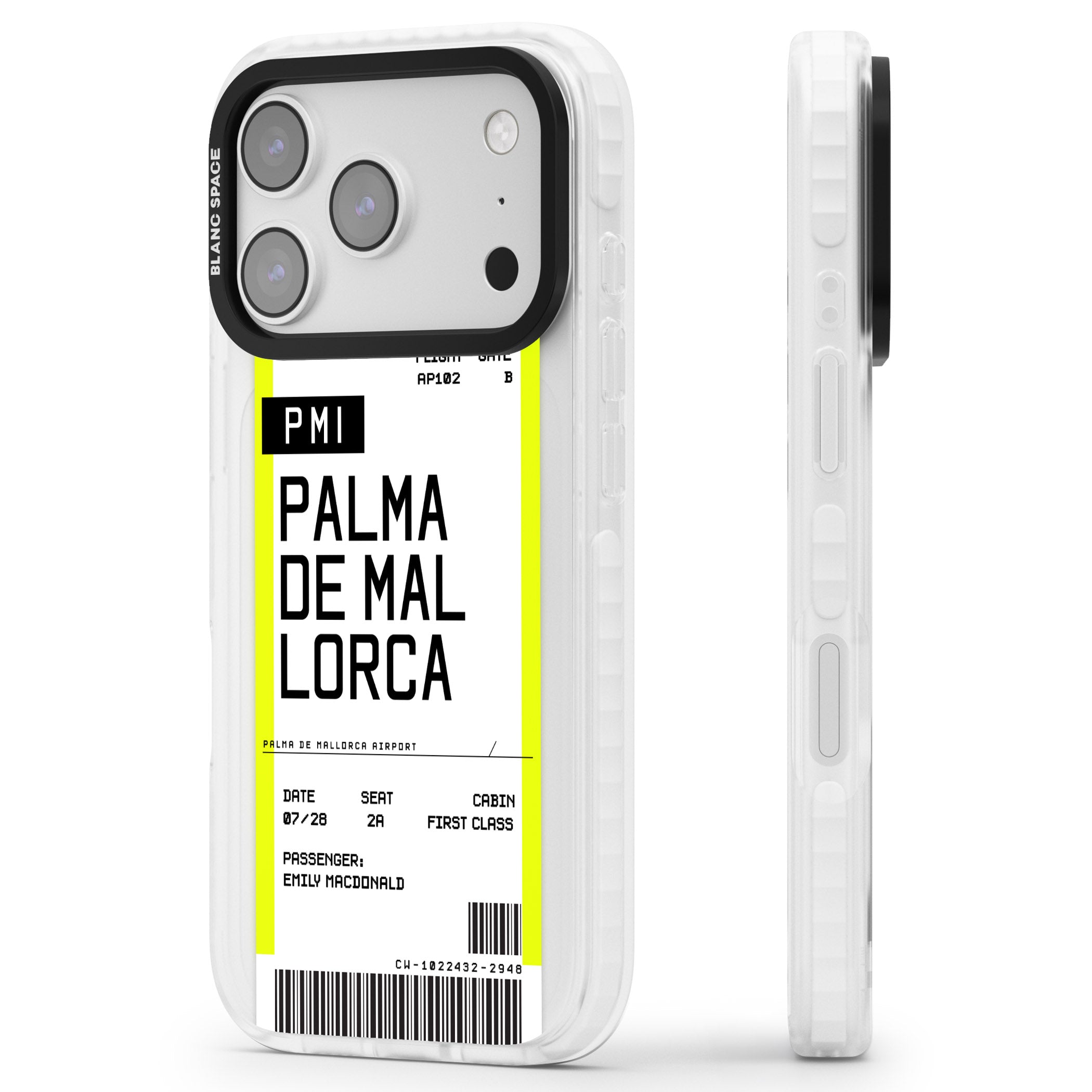 Personalised Palma De Mallorca Boarding Pass iPhone 17 Pro Max Impact Pro Clear Phone Case Side Profile