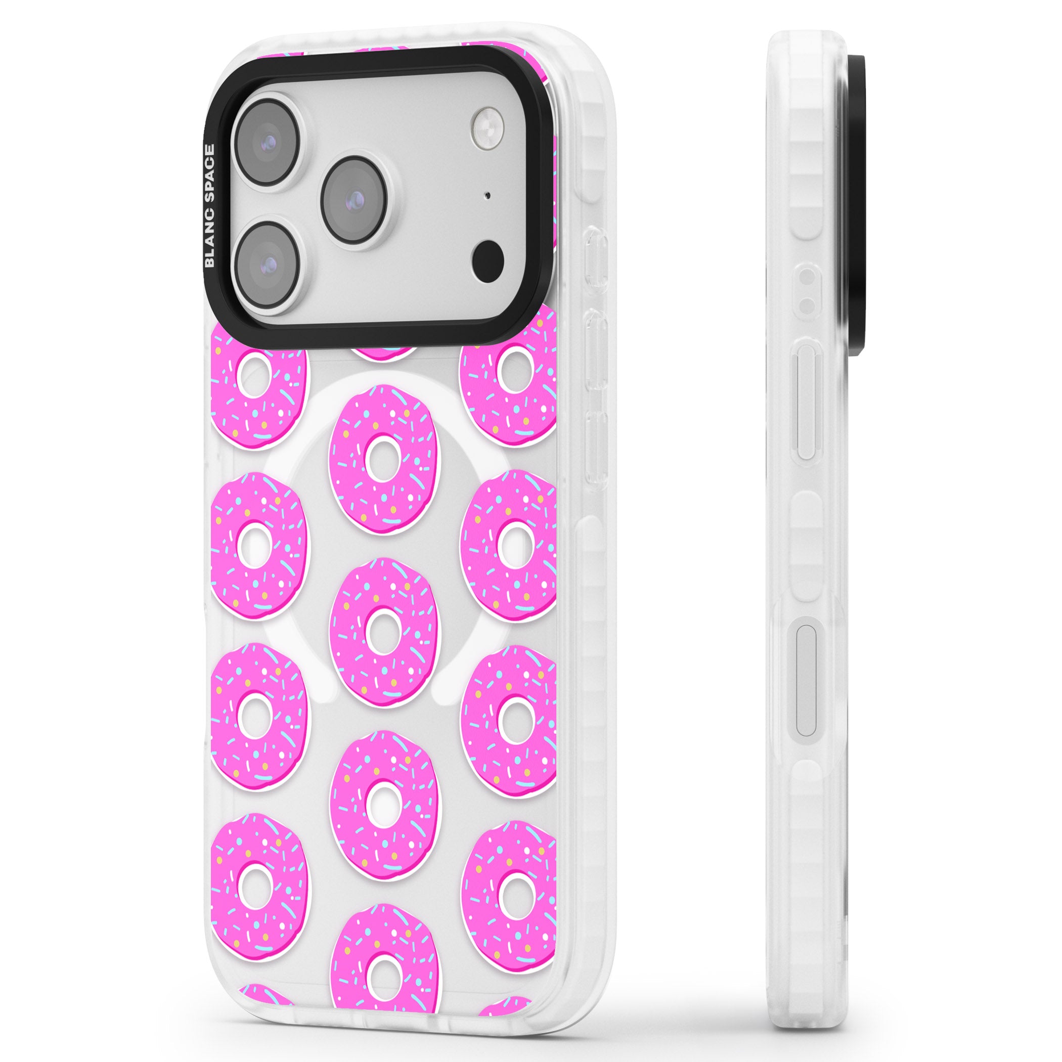 Pink Donut Pattern iPhone 17 Pro Max Impact Pro Clear Phone Case Side Profile