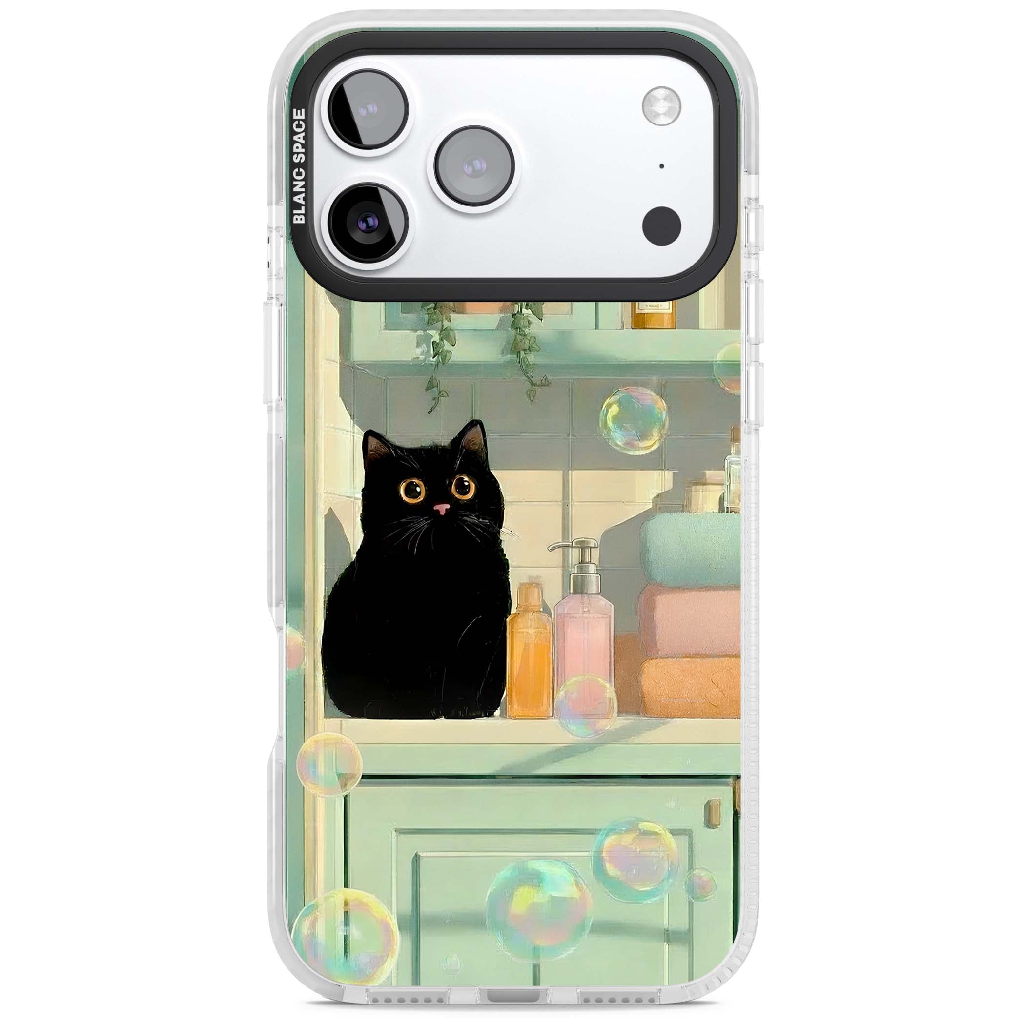 Bathroom Bubble Kitty cottagecore iPhone case featuring a black cat, mint bathroom scene and floating soap bubbles | Impact Magsafe case for iPhone 17 Pro, iPhone 17 Pro Max