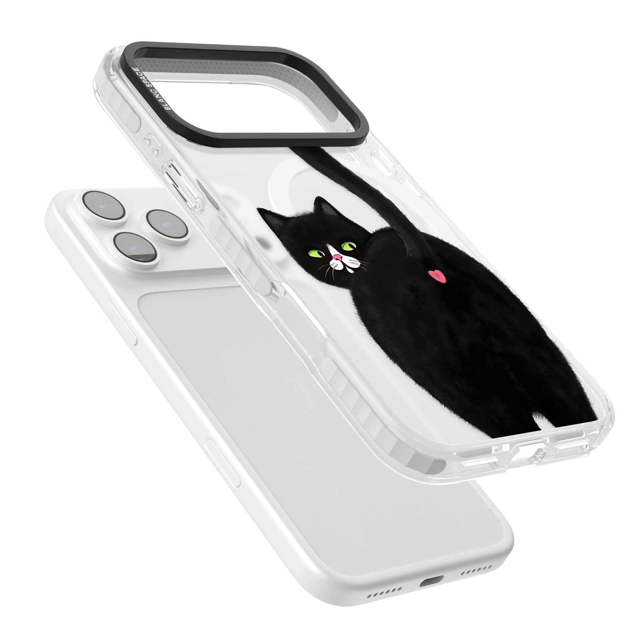 The Cat's Kiss cute cat iPhone case featuring a hand-painted tuxedo kitty with green eyes and a pink heart on a clear  | Impact Magsafe case for iPhone 17 Pro, iPhone 17 Pro Max