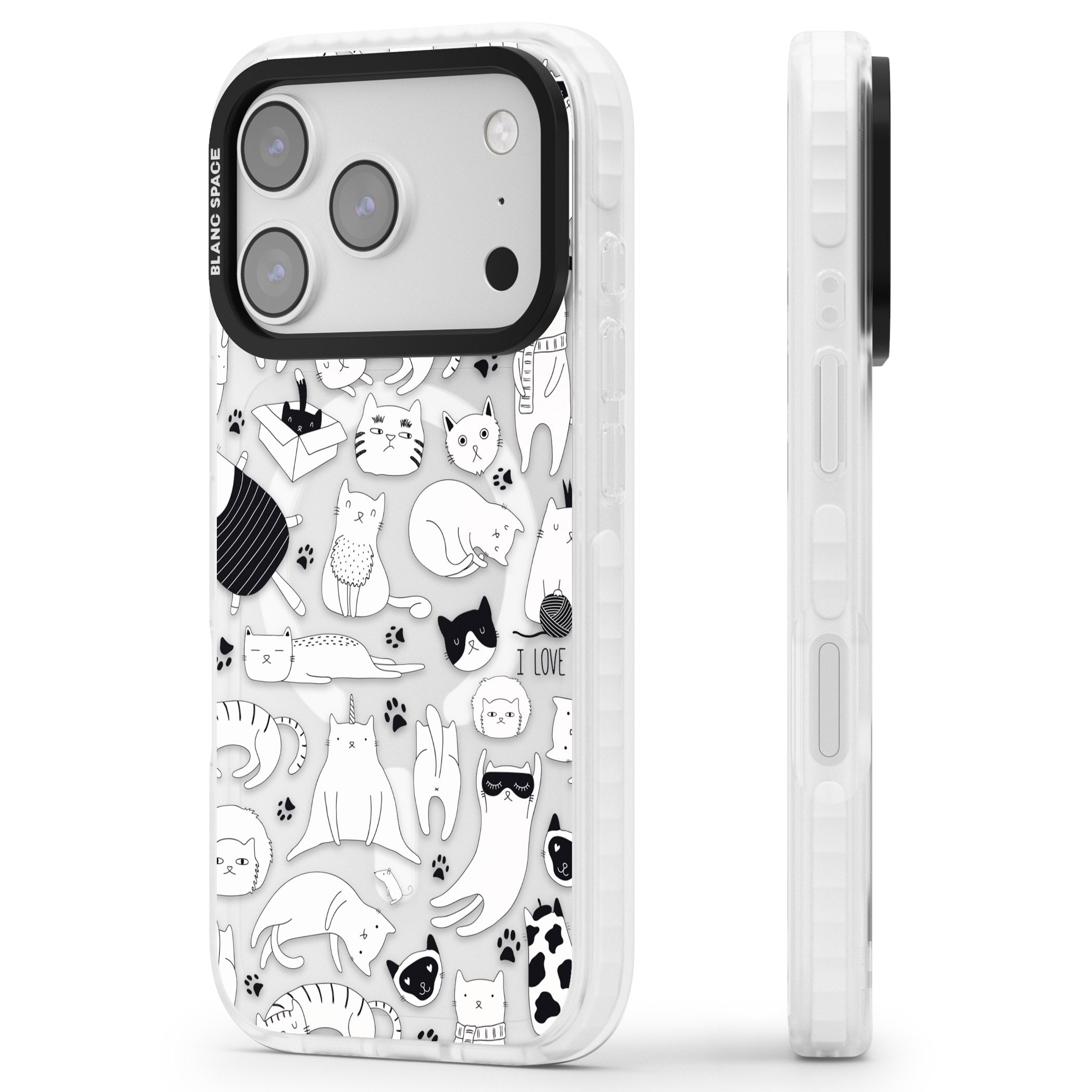 Cartoon Cat Collage Black & White iPhone 17 Pro Max Impact Pro Clear Phone Case Side Profile