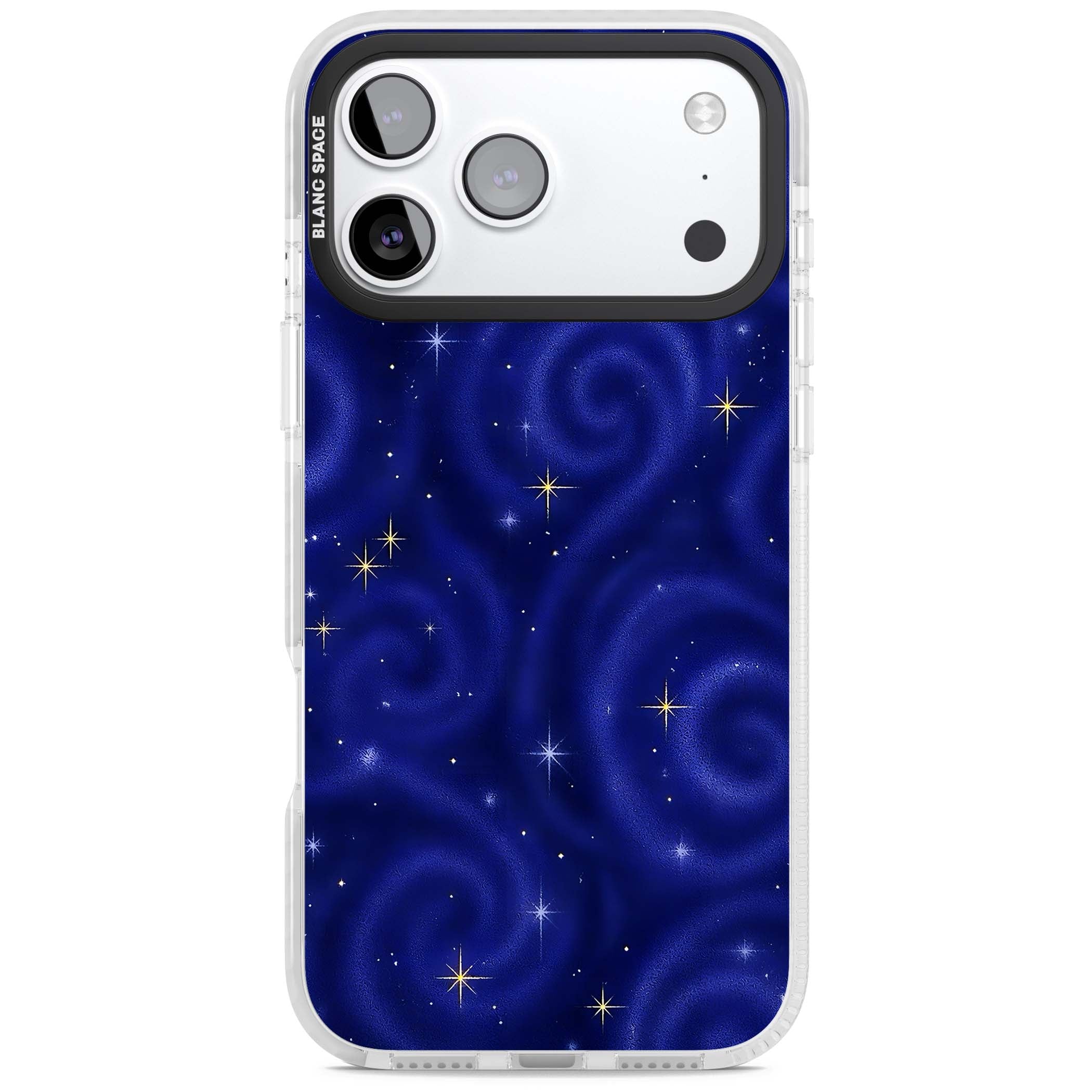 Indigo Cosmos celestial iPhone case featuring swirling navy night sky and sparkling golden stars | Impact Magsafe case for iPhone 17 Pro, iPhone 17 Pro Max