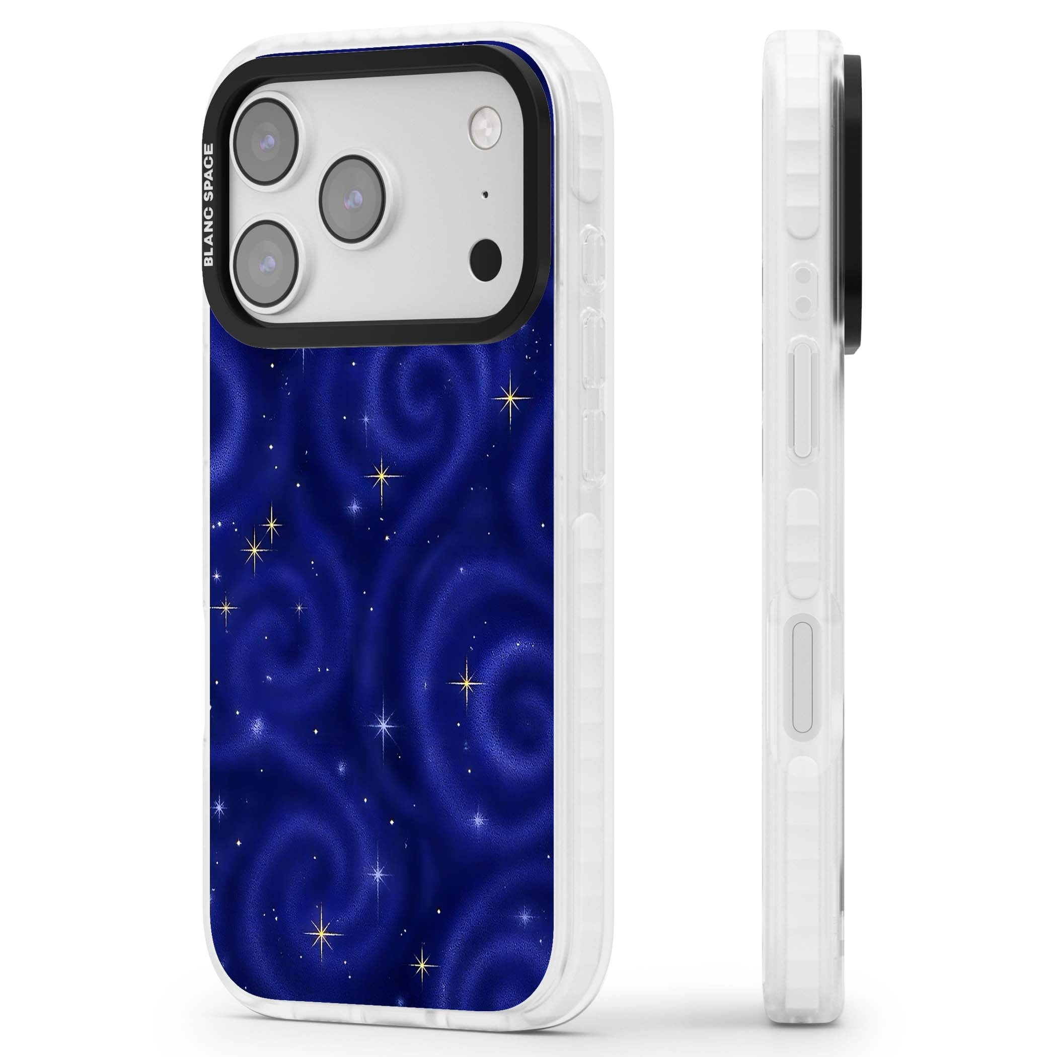 Indigo Cosmos celestial iPhone case featuring swirling navy night sky and sparkling golden stars | Impact Magsafe case for iPhone 17 Pro, iPhone 17 Pro Max