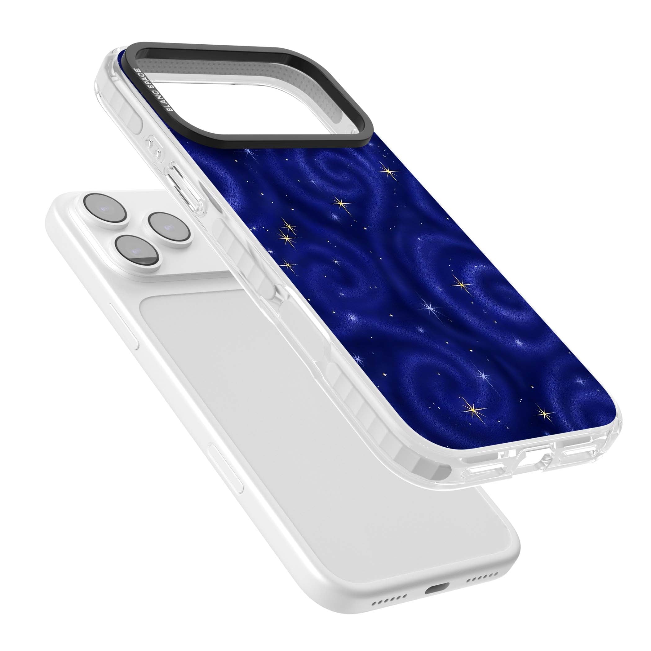 Indigo Cosmos celestial iPhone case featuring swirling navy night sky and sparkling golden stars | Impact Magsafe case for iPhone 17 Pro, iPhone 17 Pro Max