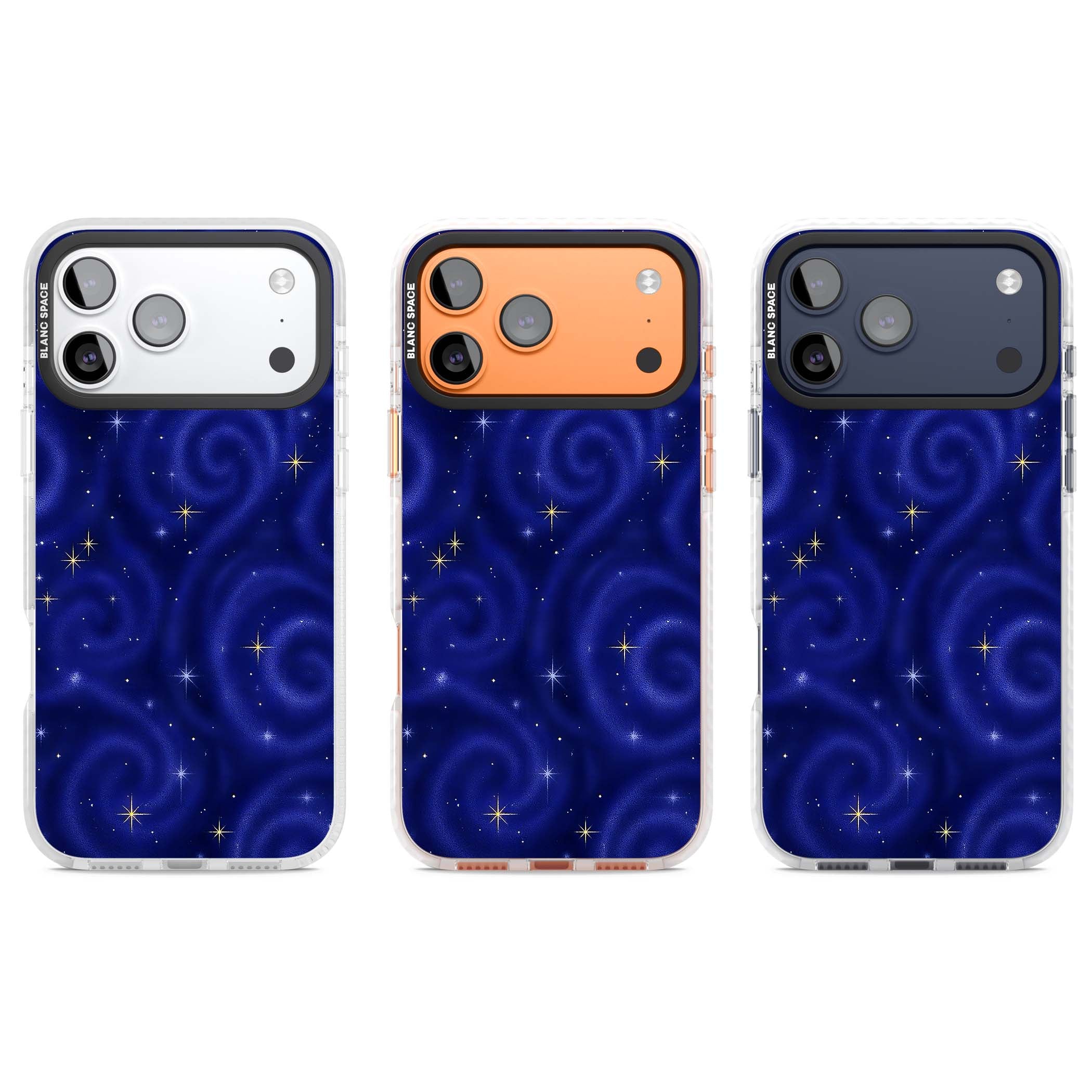 Indigo Cosmos celestial iPhone case featuring swirling navy night sky and sparkling golden stars | Impact Magsafe case for iPhone 17 Pro, iPhone 17 Pro Max